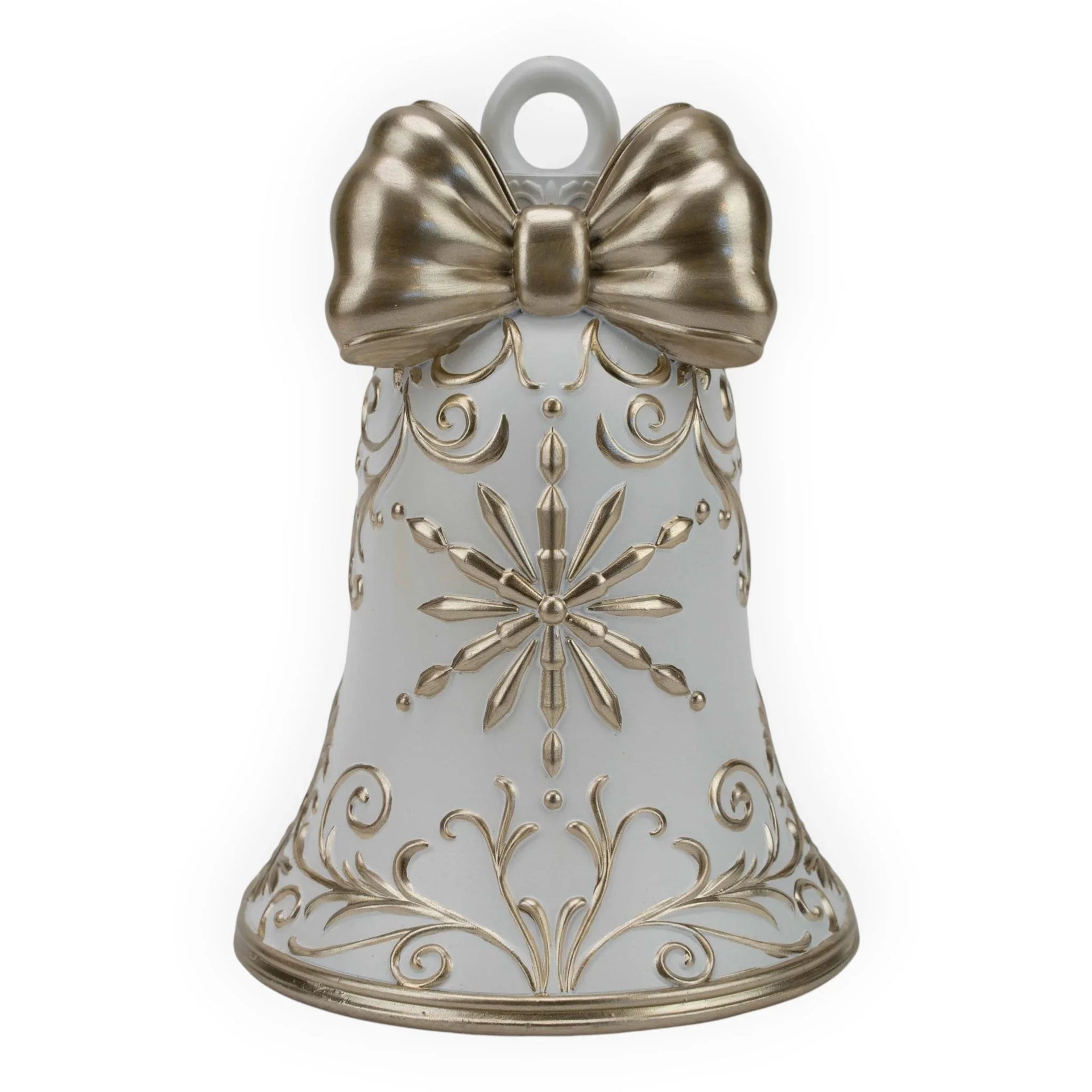 Elegant white and gold holiday bell ornament with bow, perfect for Christmas décor and festive home styling.