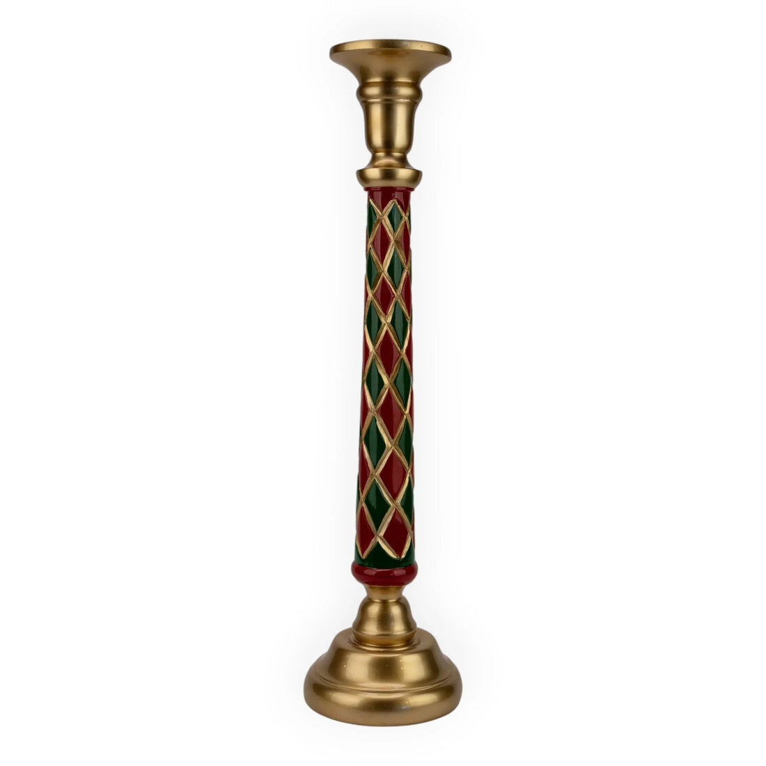 Tall candle holder with red and green diamond pattern, gold accents, elegant home décor accessory
