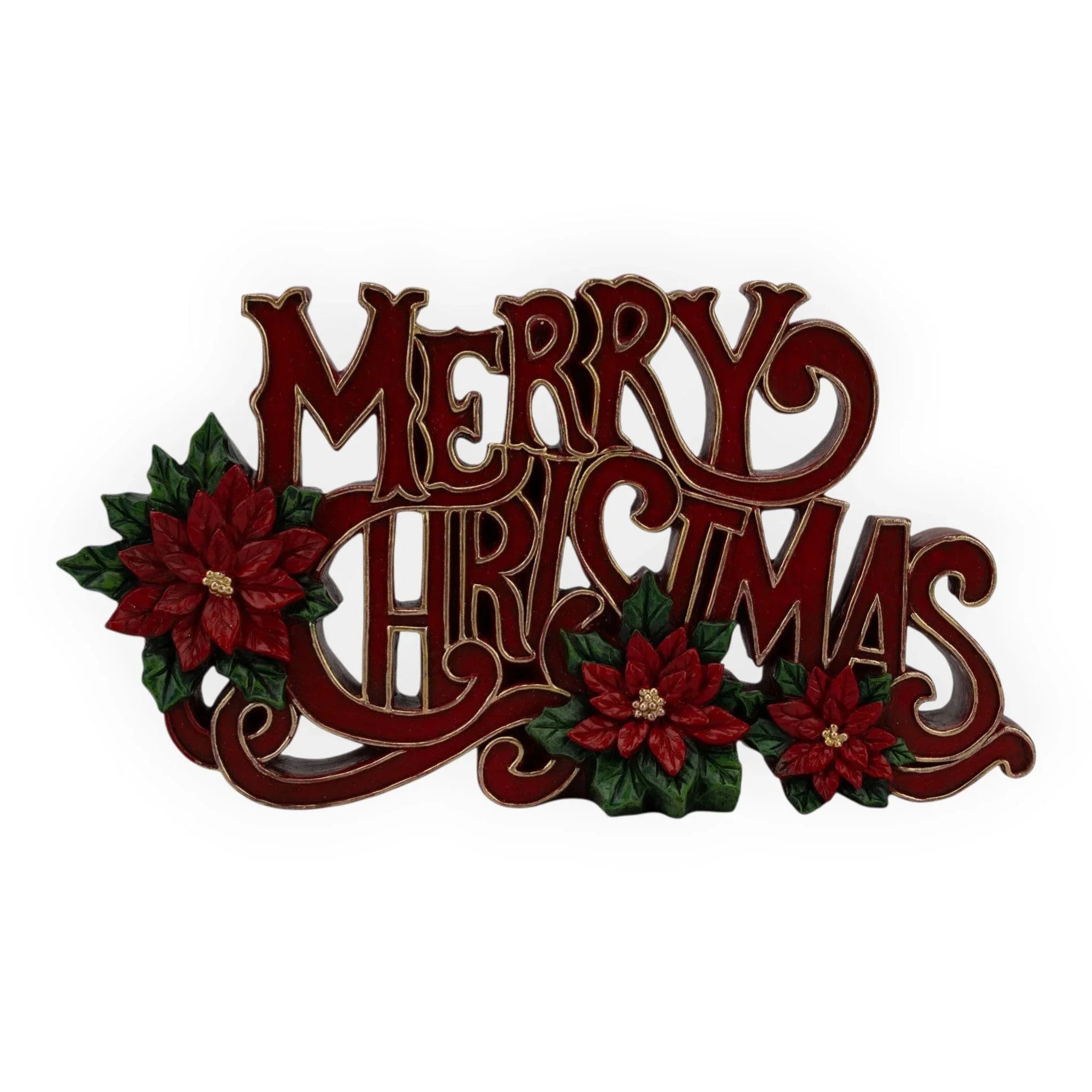 Merry Christmas sign with red poinsettias and gold trim, festive holiday home décor