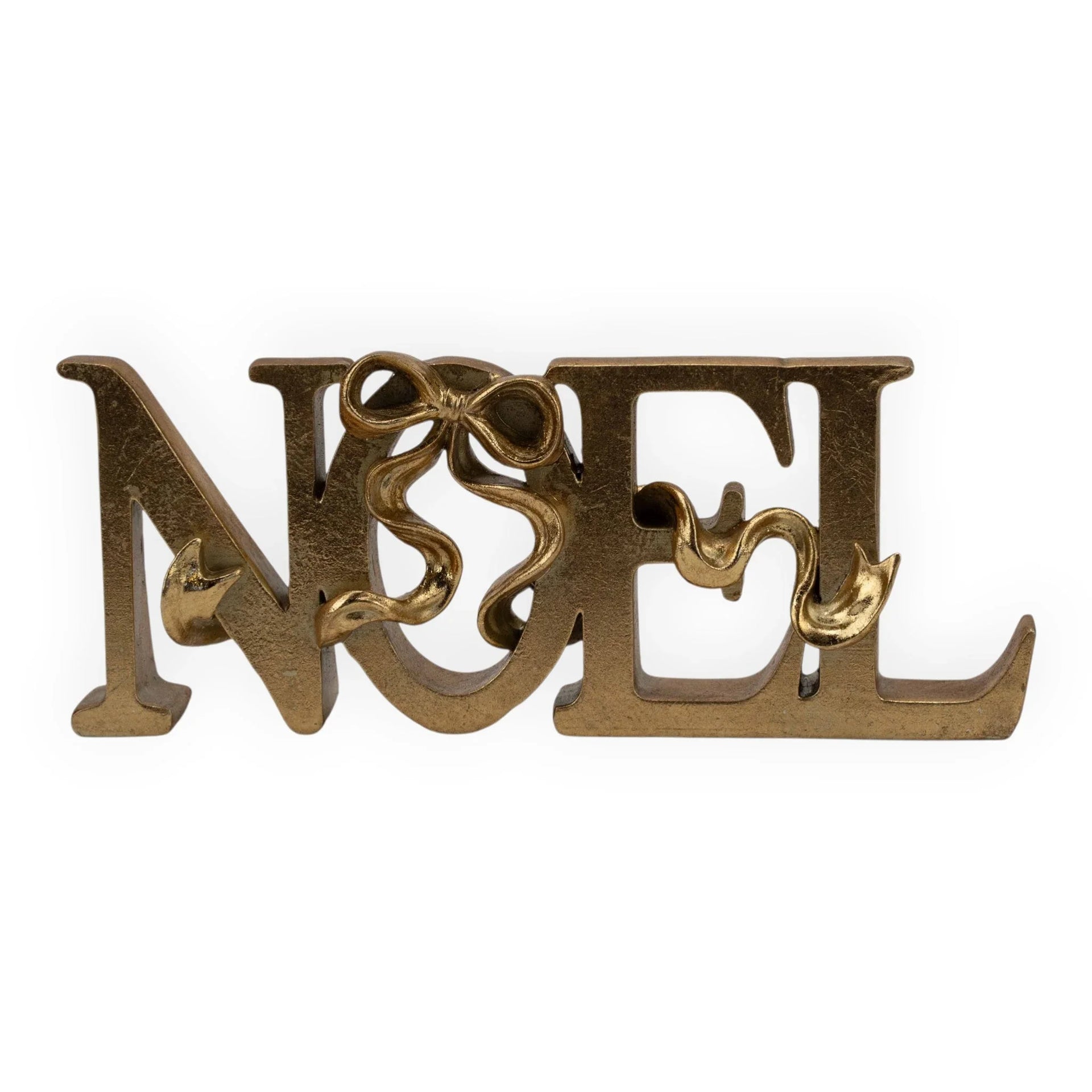 Gold Noel sign with ribbon bow, festive holiday home decor accent piece