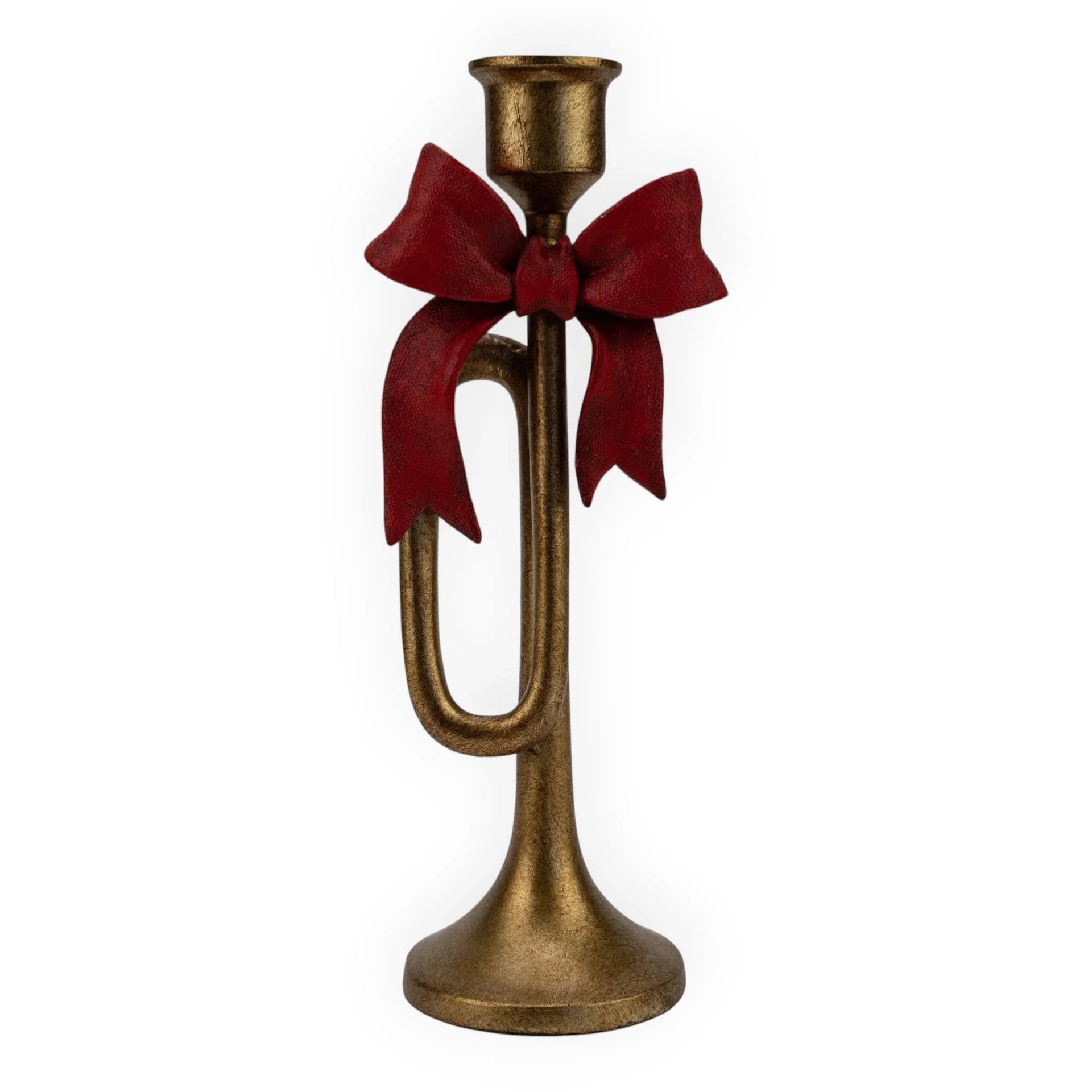 Vintage brass trumpet candle holder with red bow, festive home décor accent piece