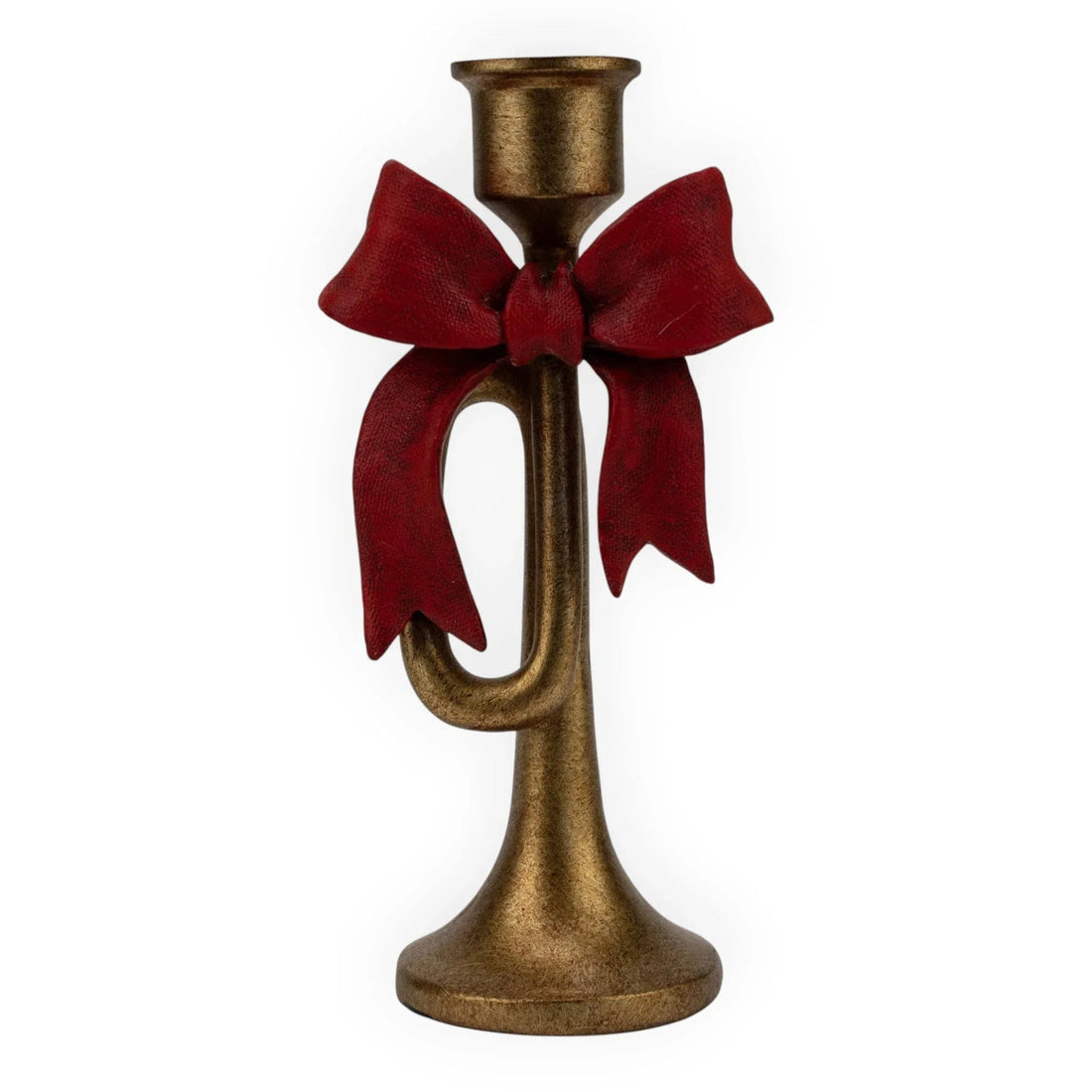 Vintage brass trumpet candle holder with red bow, festive home décor accent