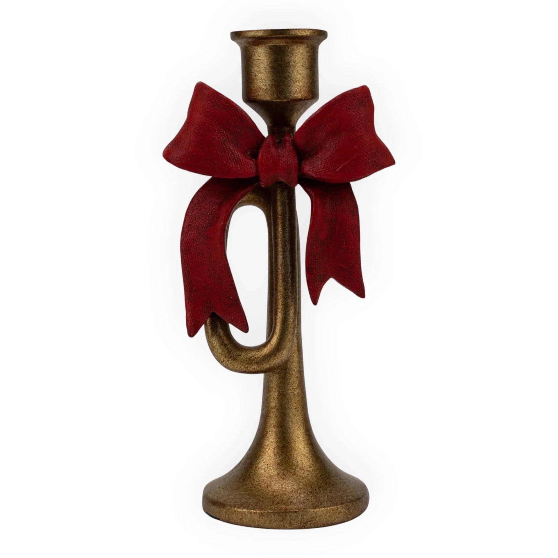 Vintage brass trumpet candle holder with red bow, festive home décor accent