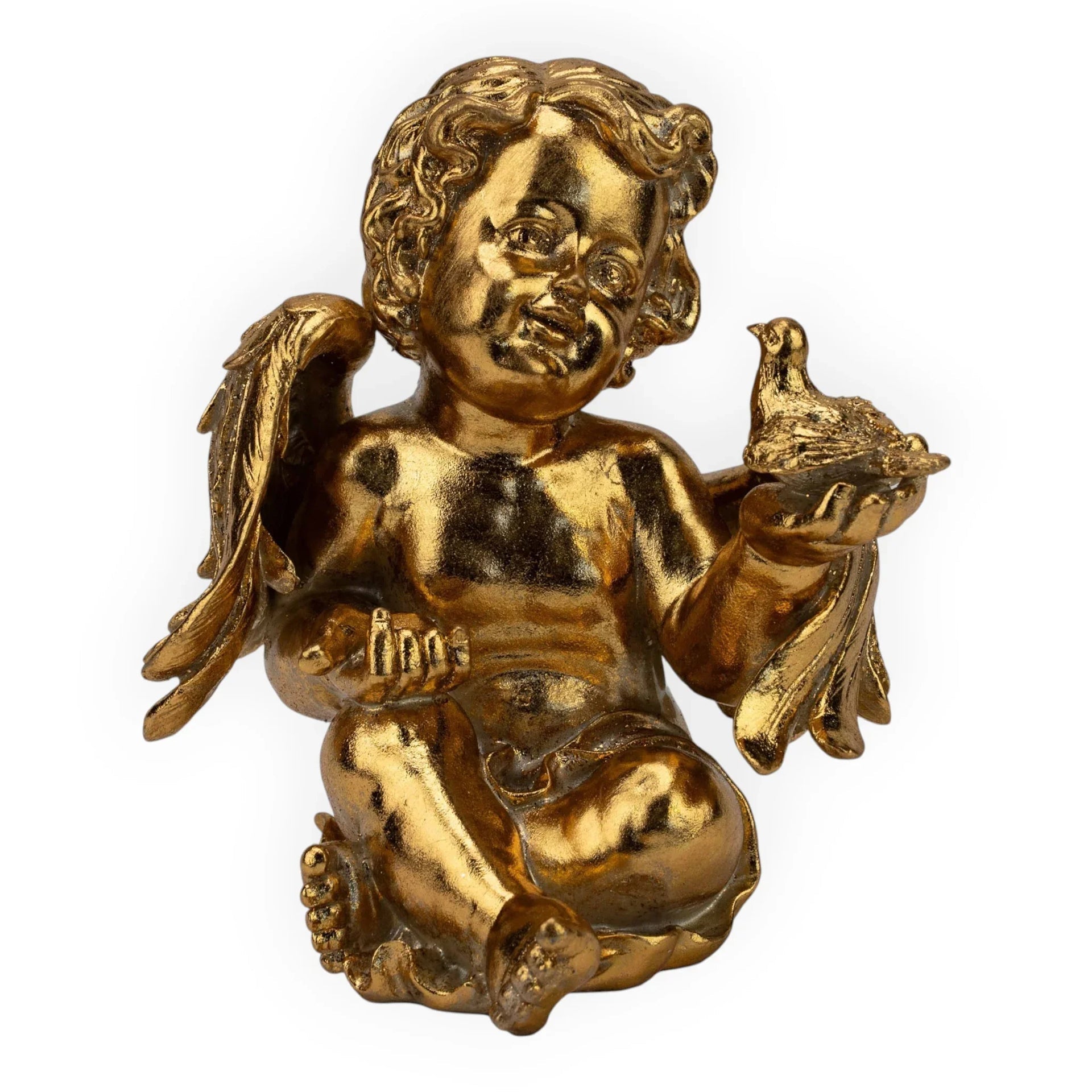 Golden cherub statue holding bird, vintage home décor accent piece