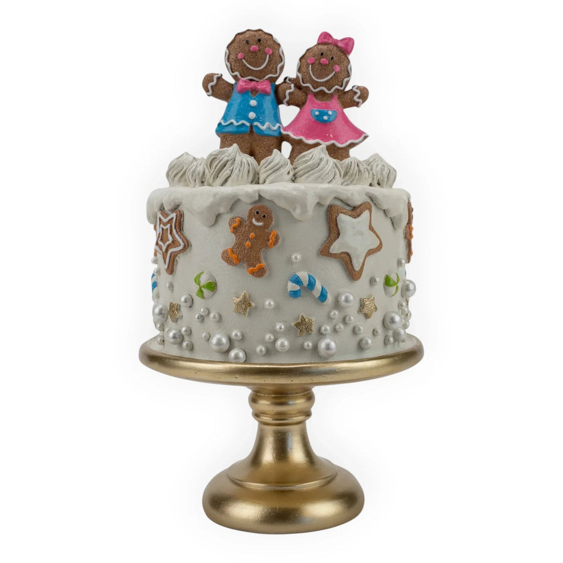 Gingerbread couple cake topper with festive decorations on gold stand, holiday home décor