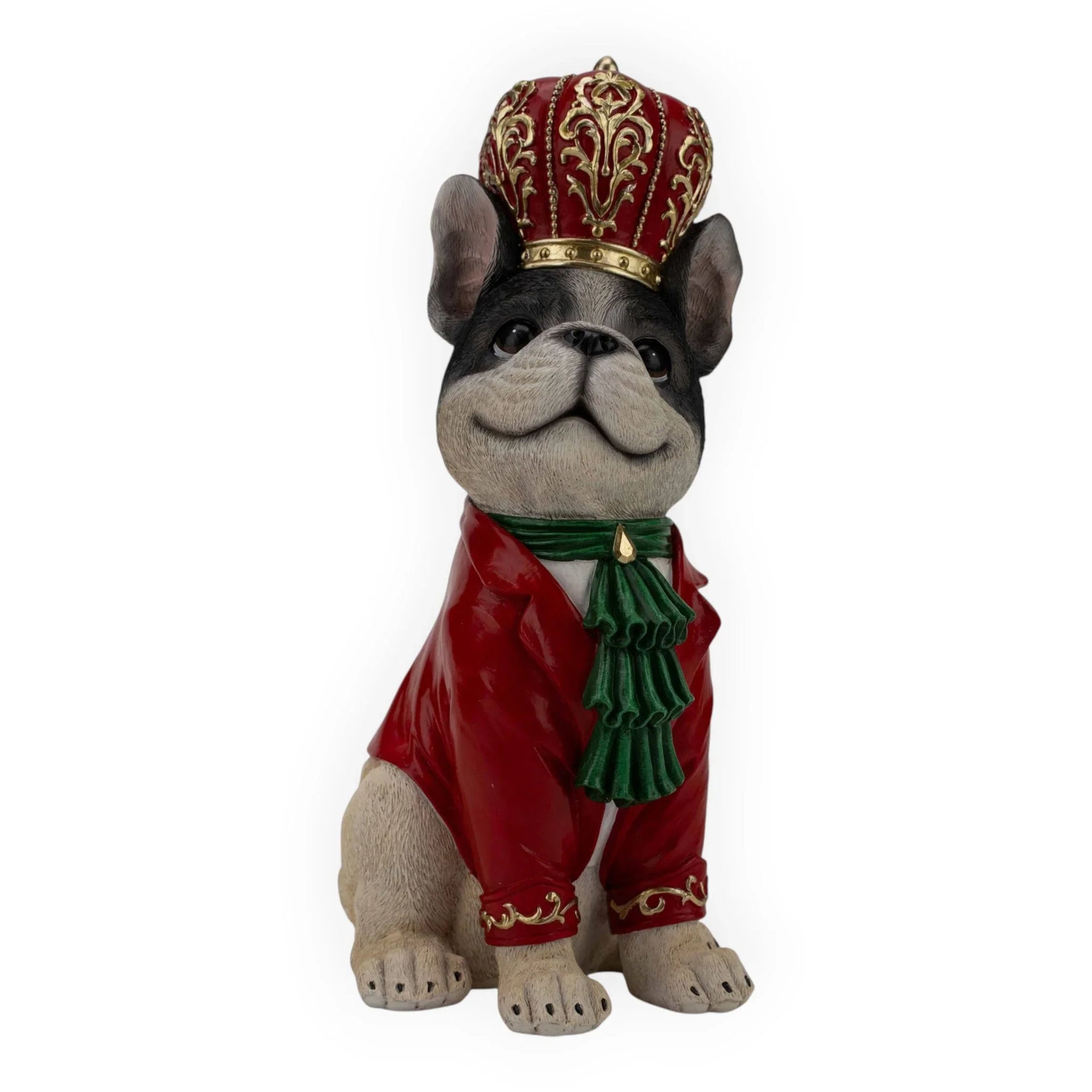 Regal French Bulldog statue in red royal attire with crown, green scarf, gold accents — elegant home décor piece