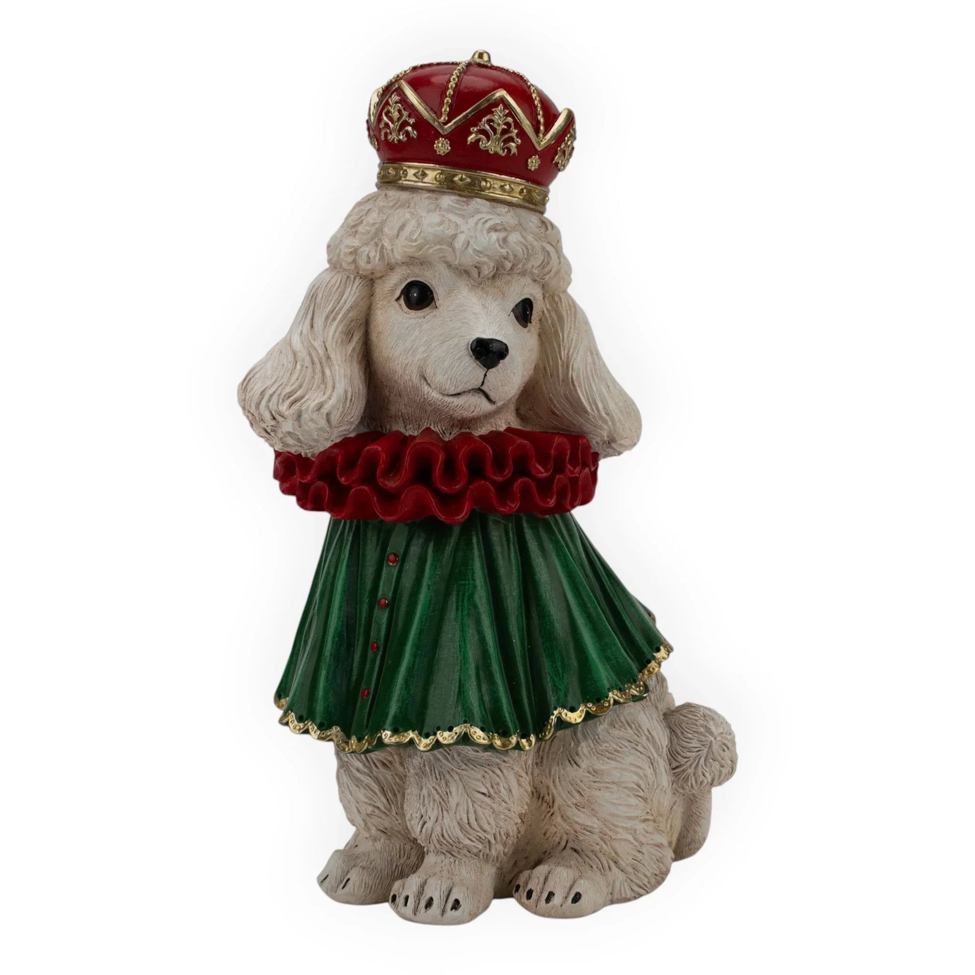Regal poodle figurine in green dress, red ruffle, and gold crown — elegant home décor accent