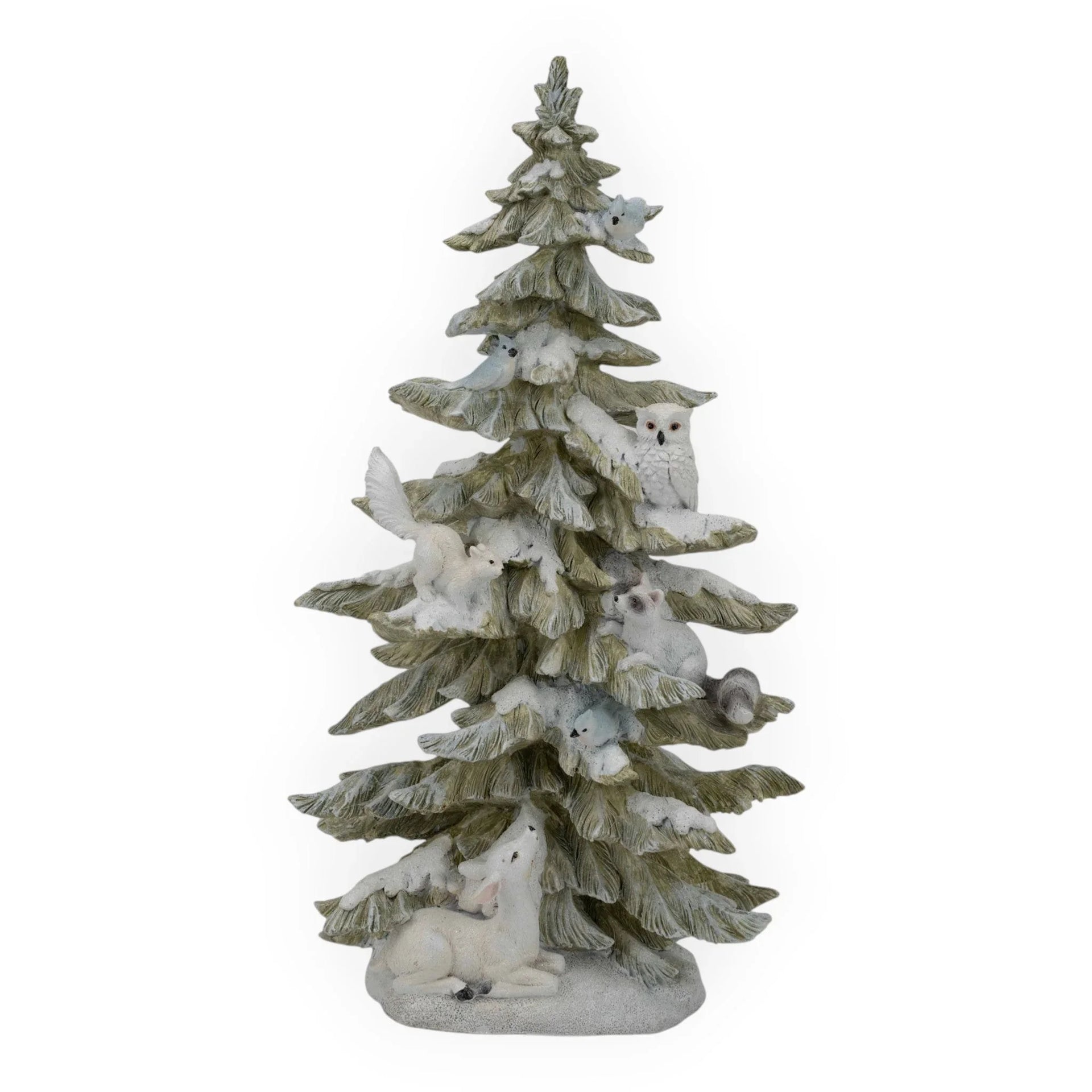 Snowy pine tree figurine with owl, deer, squirrel, and birds for winter home décor
