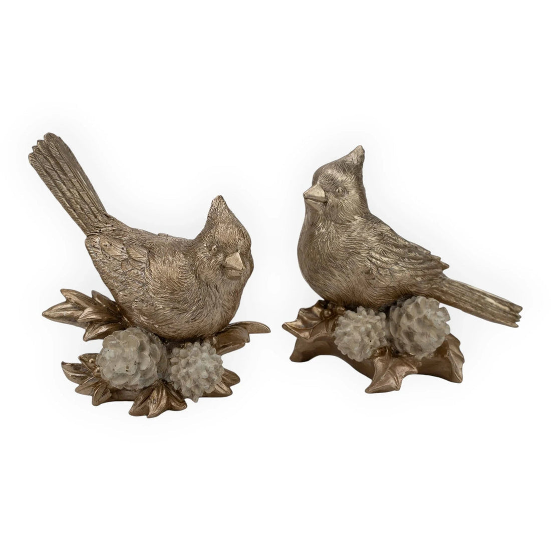 Set of two bronze cardinal bird figurines with pinecones, elegant home décor accents