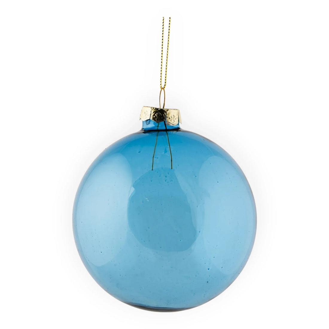 Blue glass Christmas ornament with gold cap and hanging string, perfect for holiday home décor