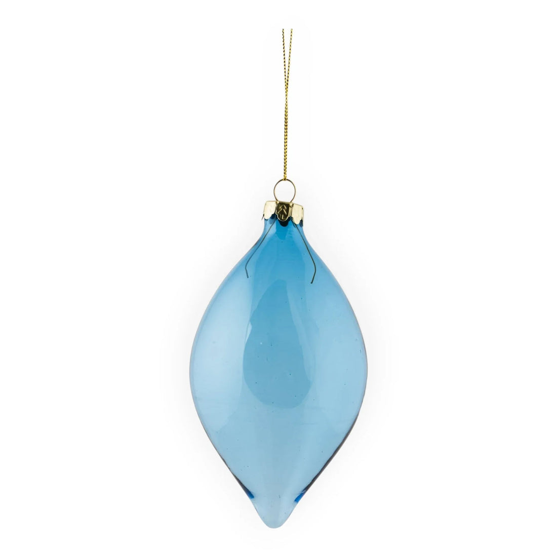 Light blue teardrop glass Christmas ornament with gold cap and hanging string