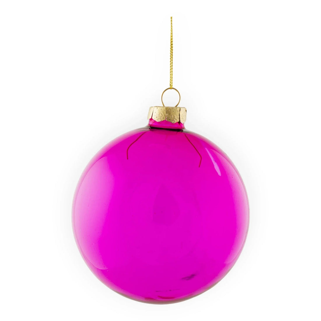 Vibrant pink glass Christmas ornament with gold cap and hanging loop, perfect for festive home décor