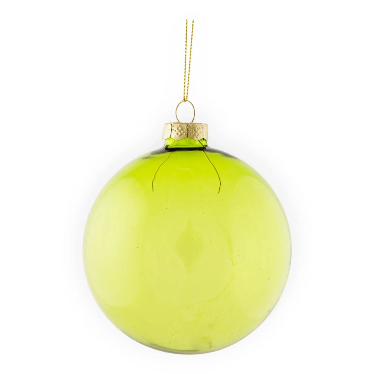 Lime green glass Christmas ornament with gold cap and hanging string, festive home décor accent