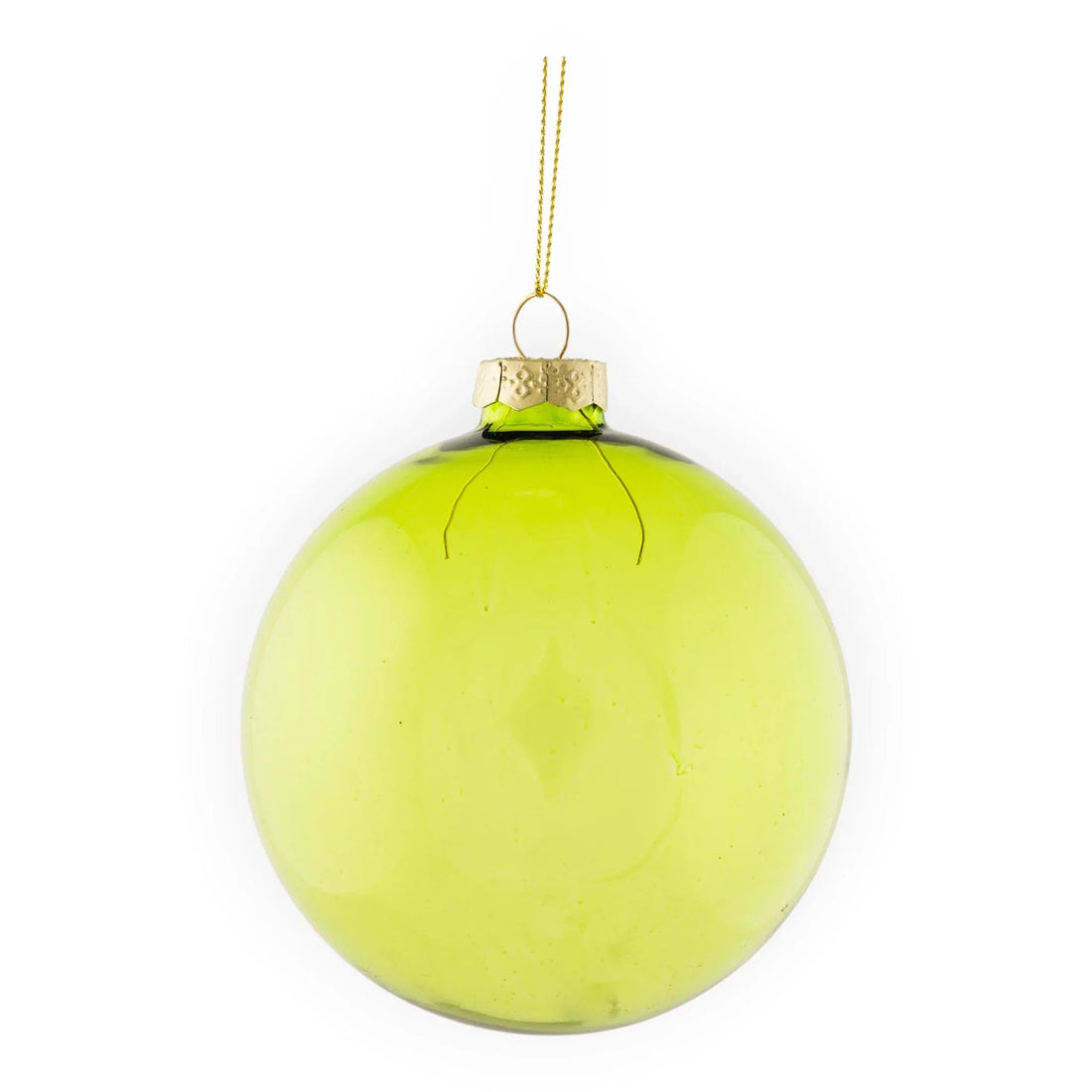 Lime green glass Christmas ornament with gold cap and hanging string, festive home décor accent