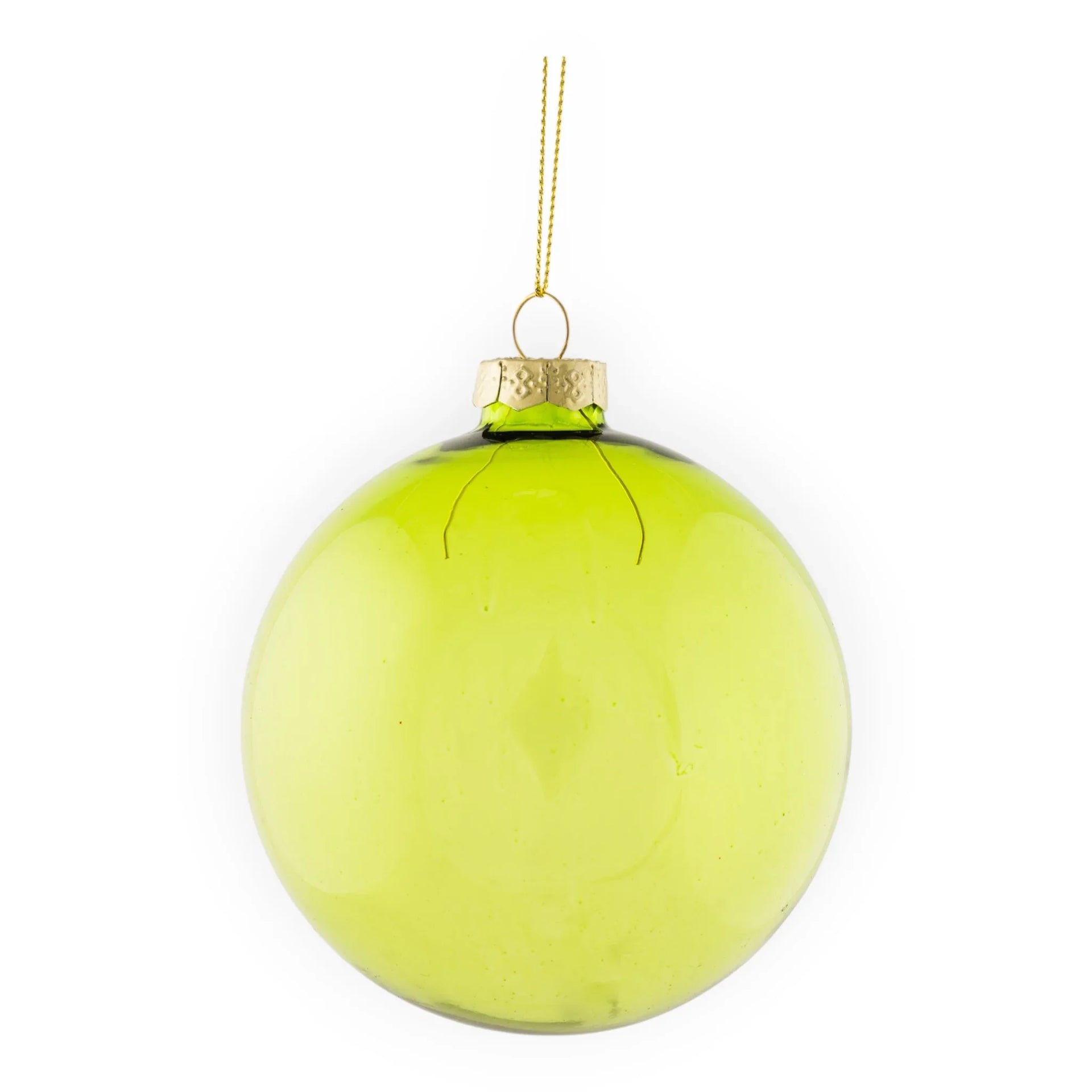 Lime green glass Christmas ornament with gold cap and hanging string, festive home décor accent