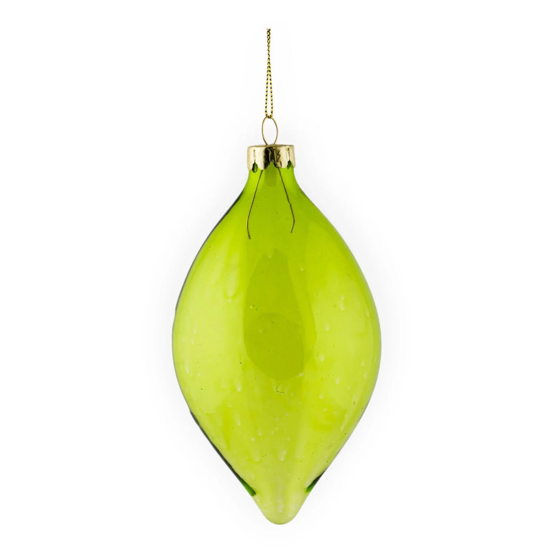 Lime green glass teardrop Christmas ornament with gold cap and hanging loop, perfect for festive home décor