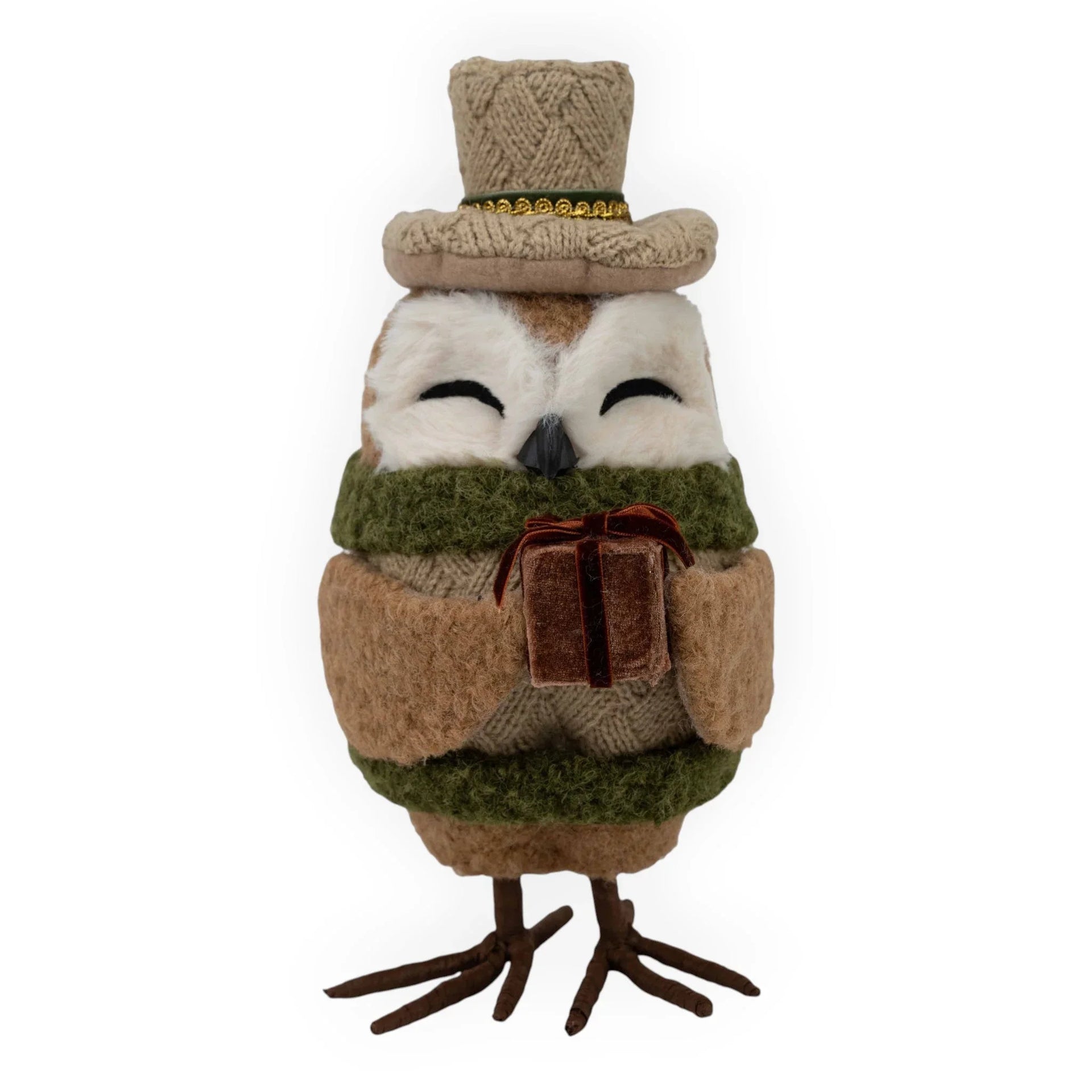Charming owl figurine in knitted hat and scarf holding a velvet gift box, perfect for home décor