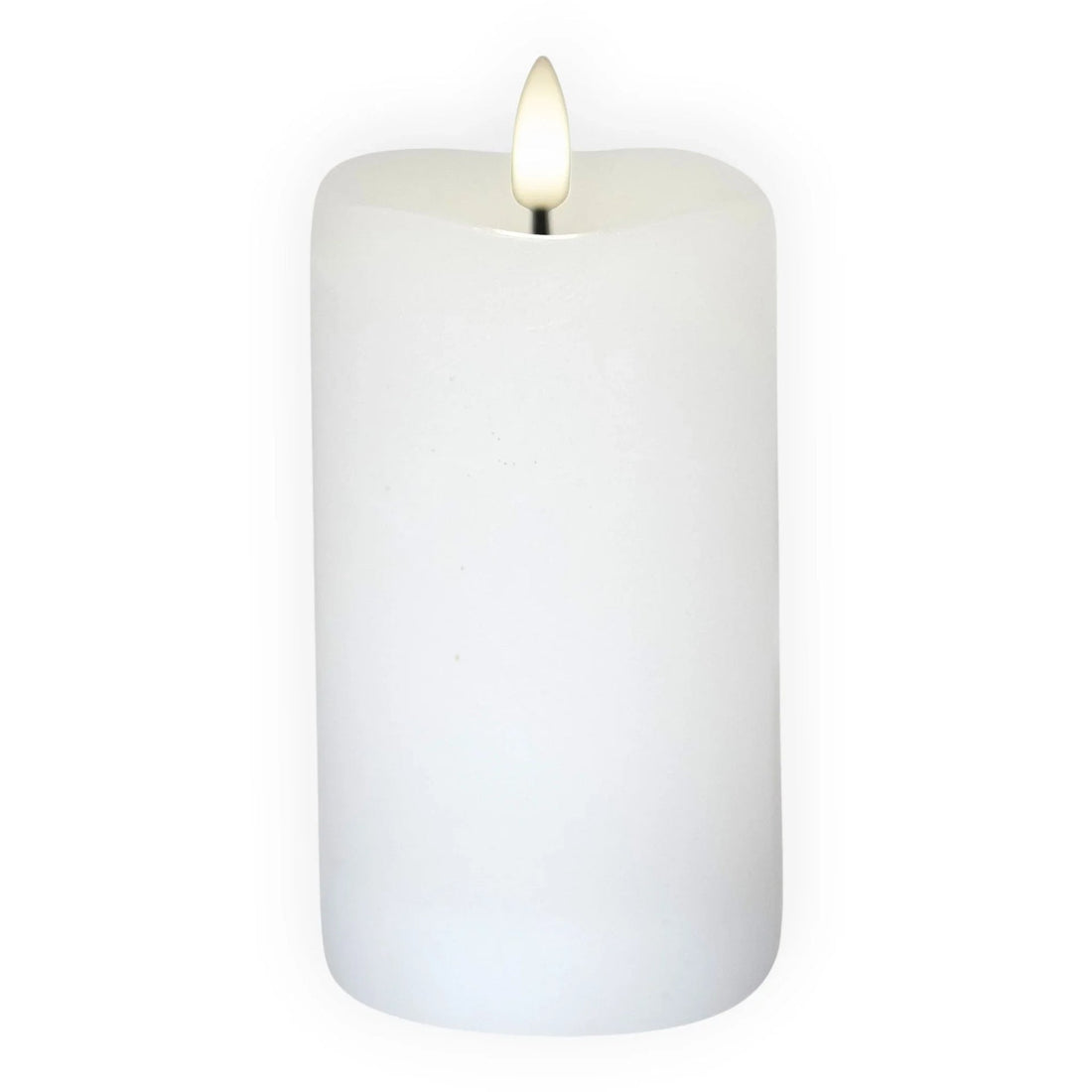 White LED pillar candle with flickering flame, perfect for home décor and ambient lighting
