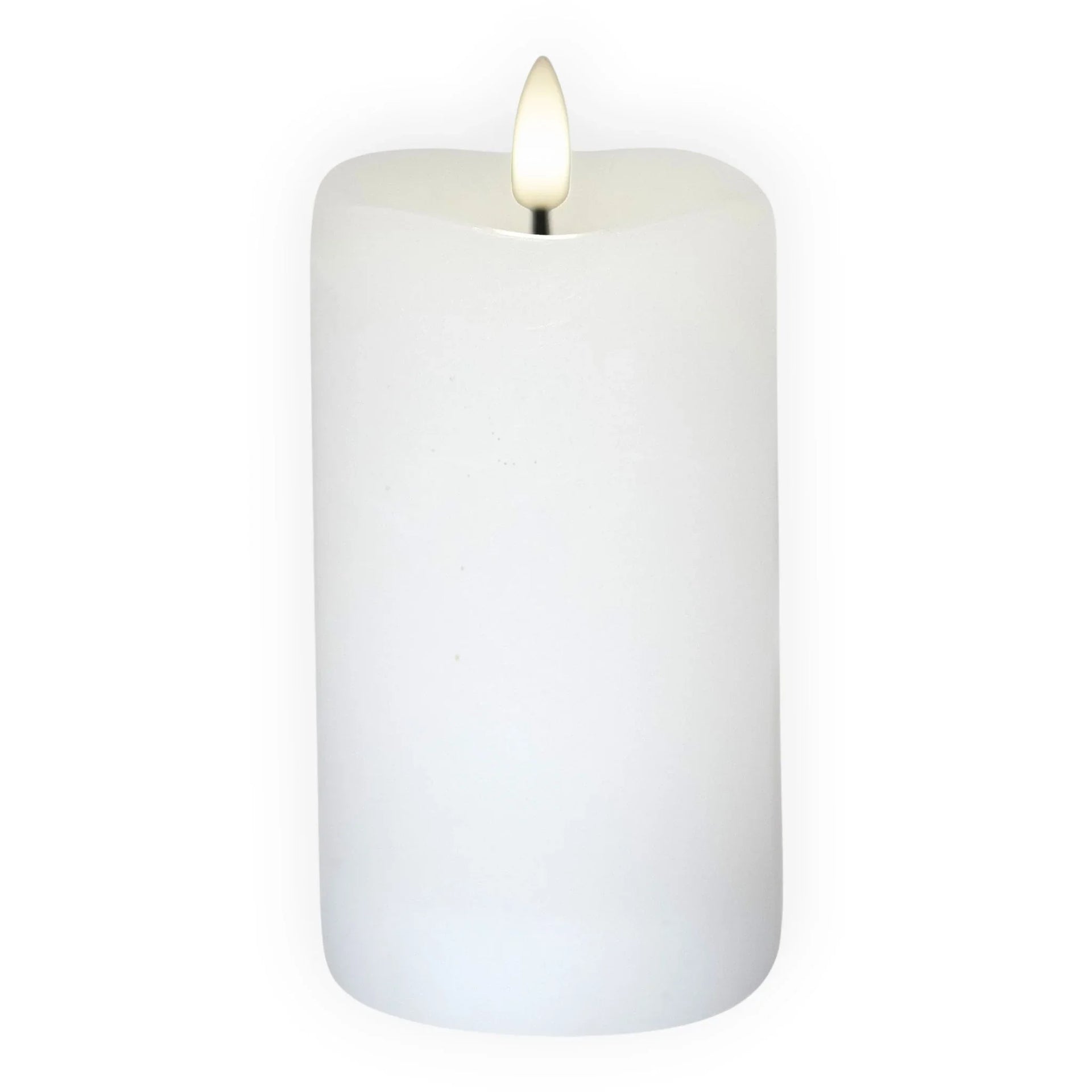 White LED pillar candle with flickering flame, perfect for home décor and ambient lighting