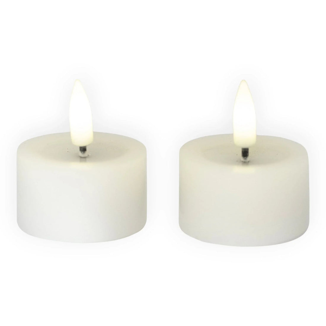 Two white LED tea light candles with flickering flame effect, ideal for home décor and ambient lighting
