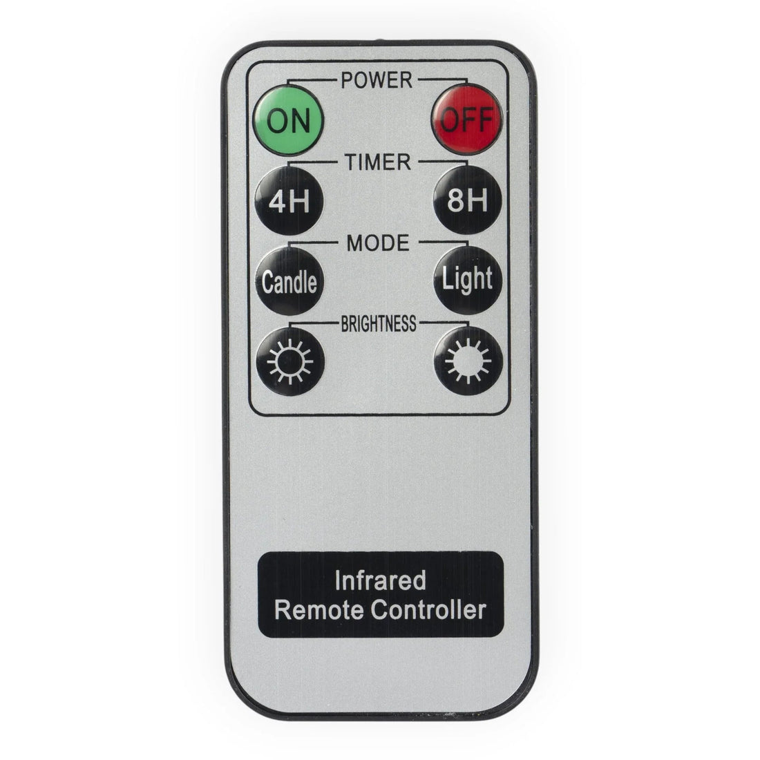 Infrared remote controller for LED candles with power, timer, mode, and brightness controls