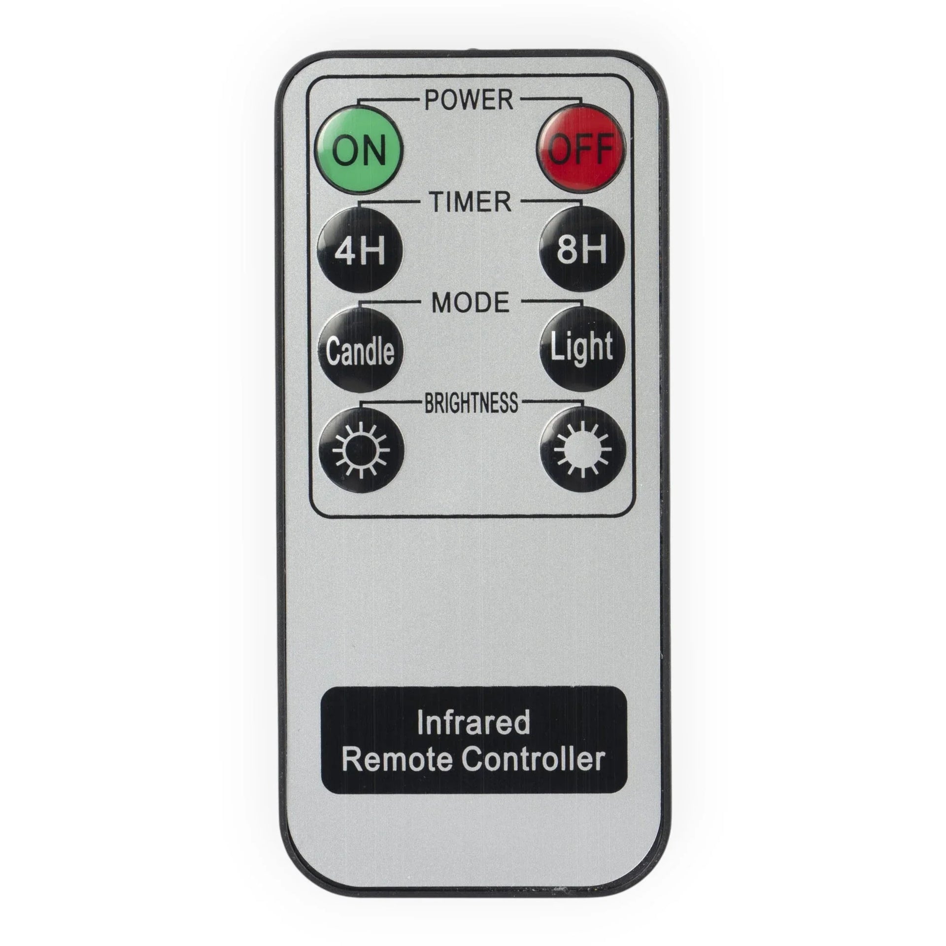 Infrared remote controller for LED candles with power, timer, mode, and brightness controls