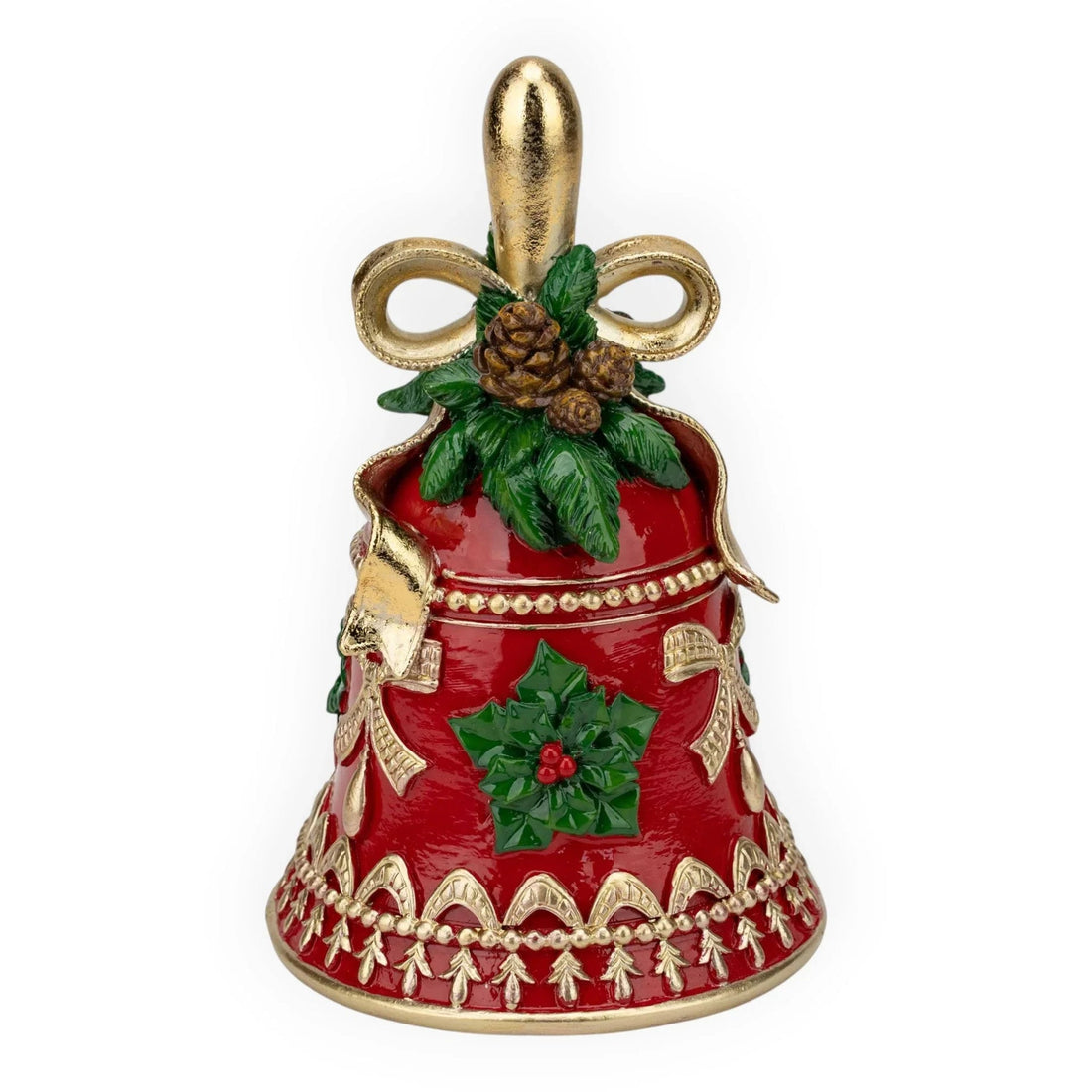 Red and gold Christmas bell ornament with holly, pinecones, and ribbon details for festive home décor