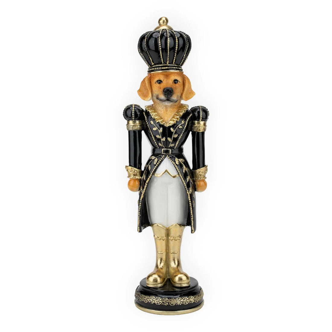 Dog nutcracker figurine in black and gold royal attire with crown, home décor accent piece
