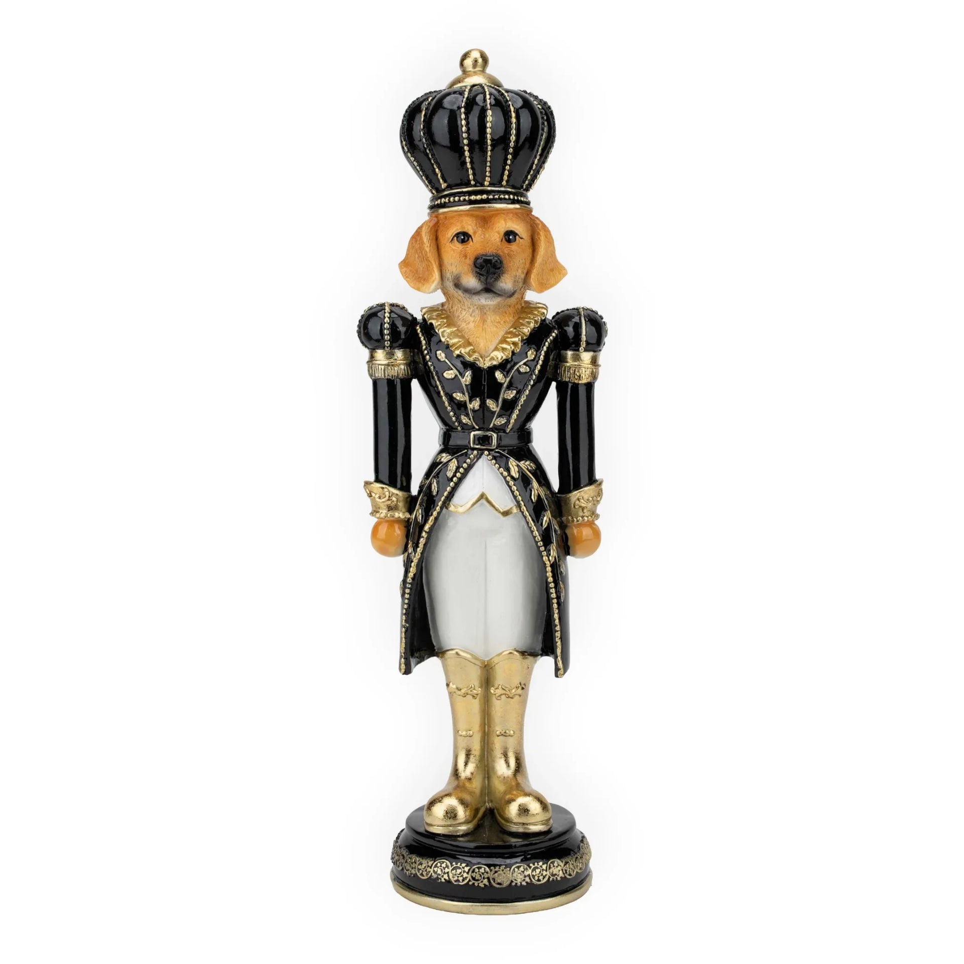 Dog nutcracker figurine in black and gold royal attire with crown, home décor accent piece