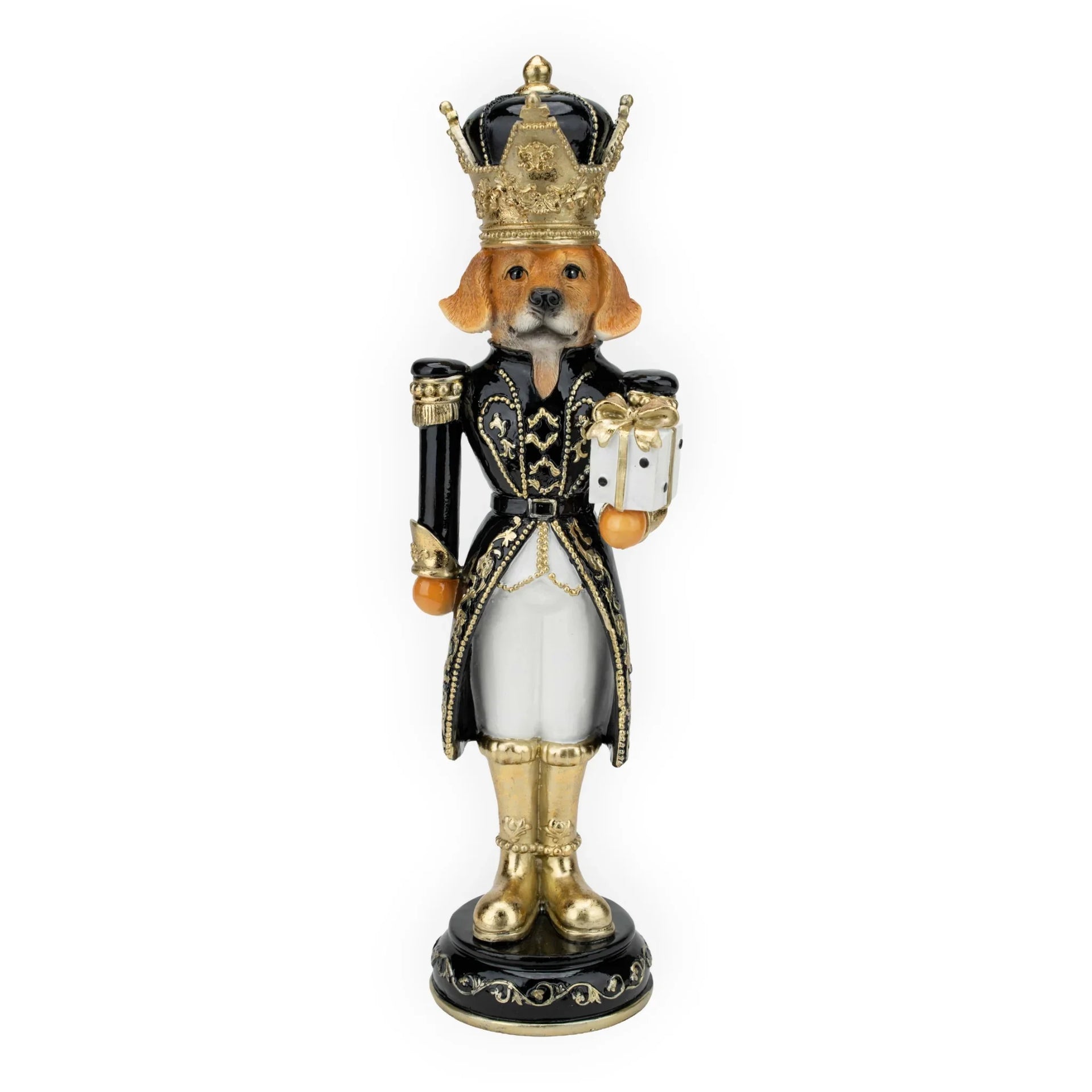 Dog nutcracker figurine in black and gold royal uniform holding gift, holiday home décor