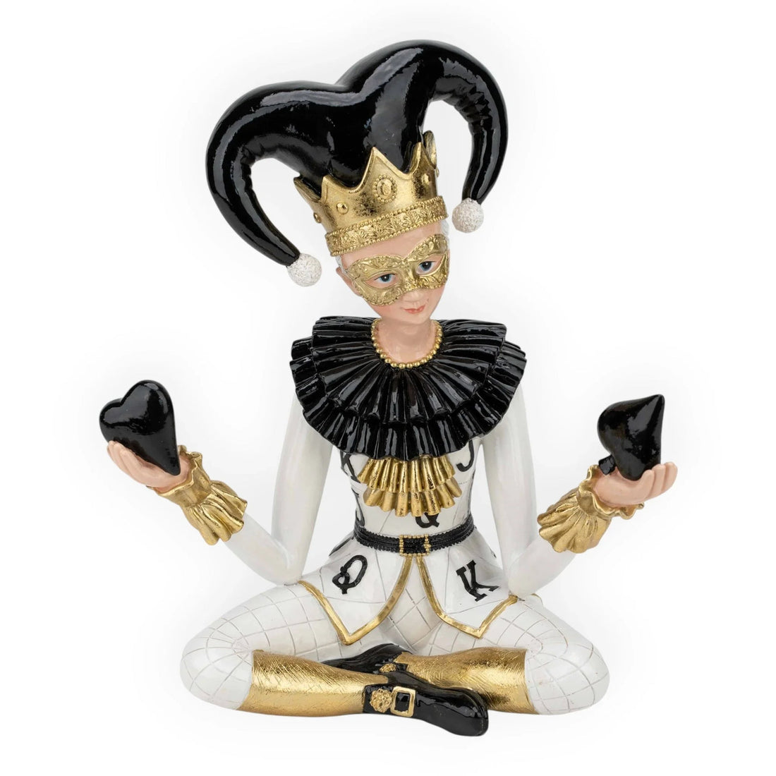 Black and gold jester figurine holding heart and spade, vintage home décor accent piece