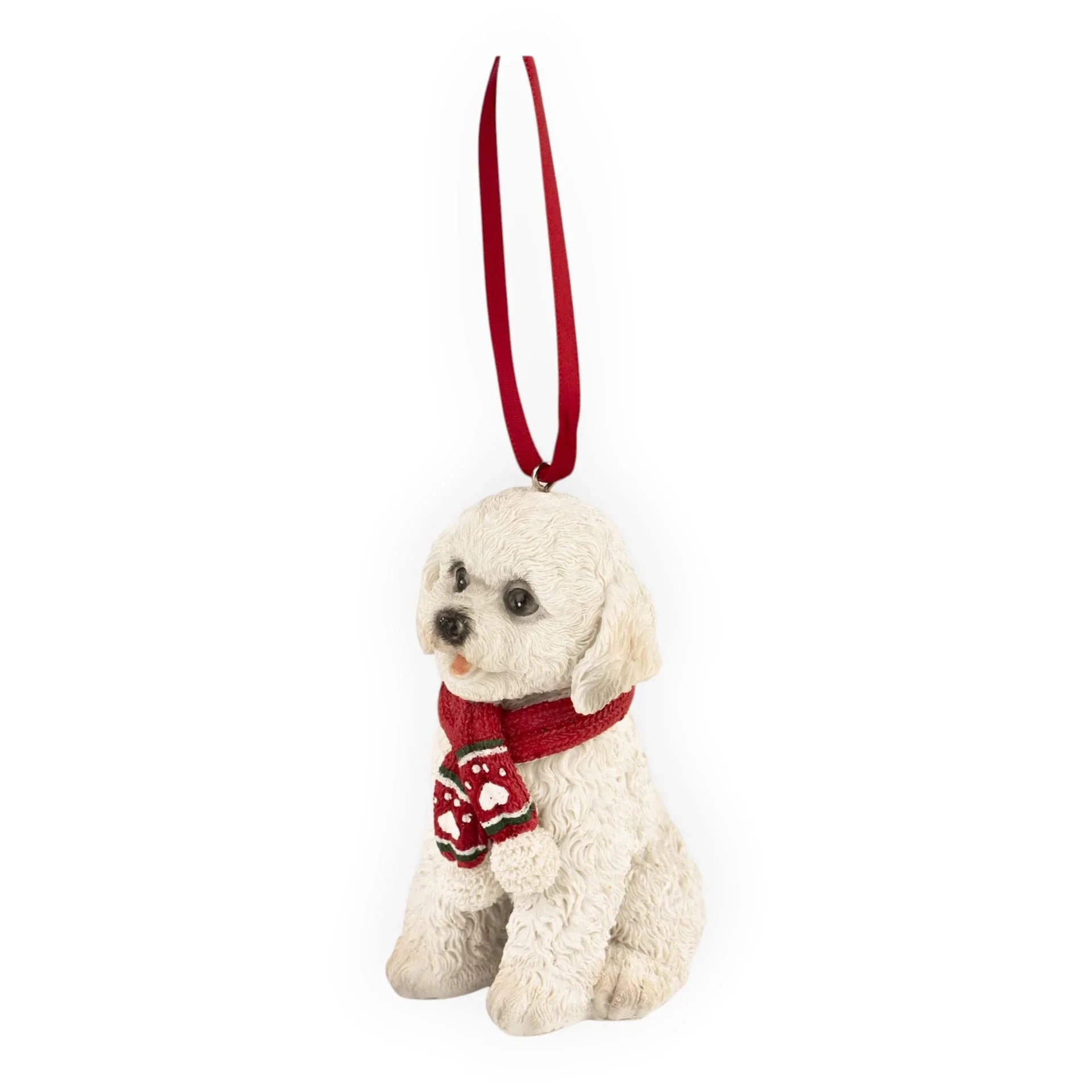 White Poodle Dog Red Scarf Hanging - 10cm