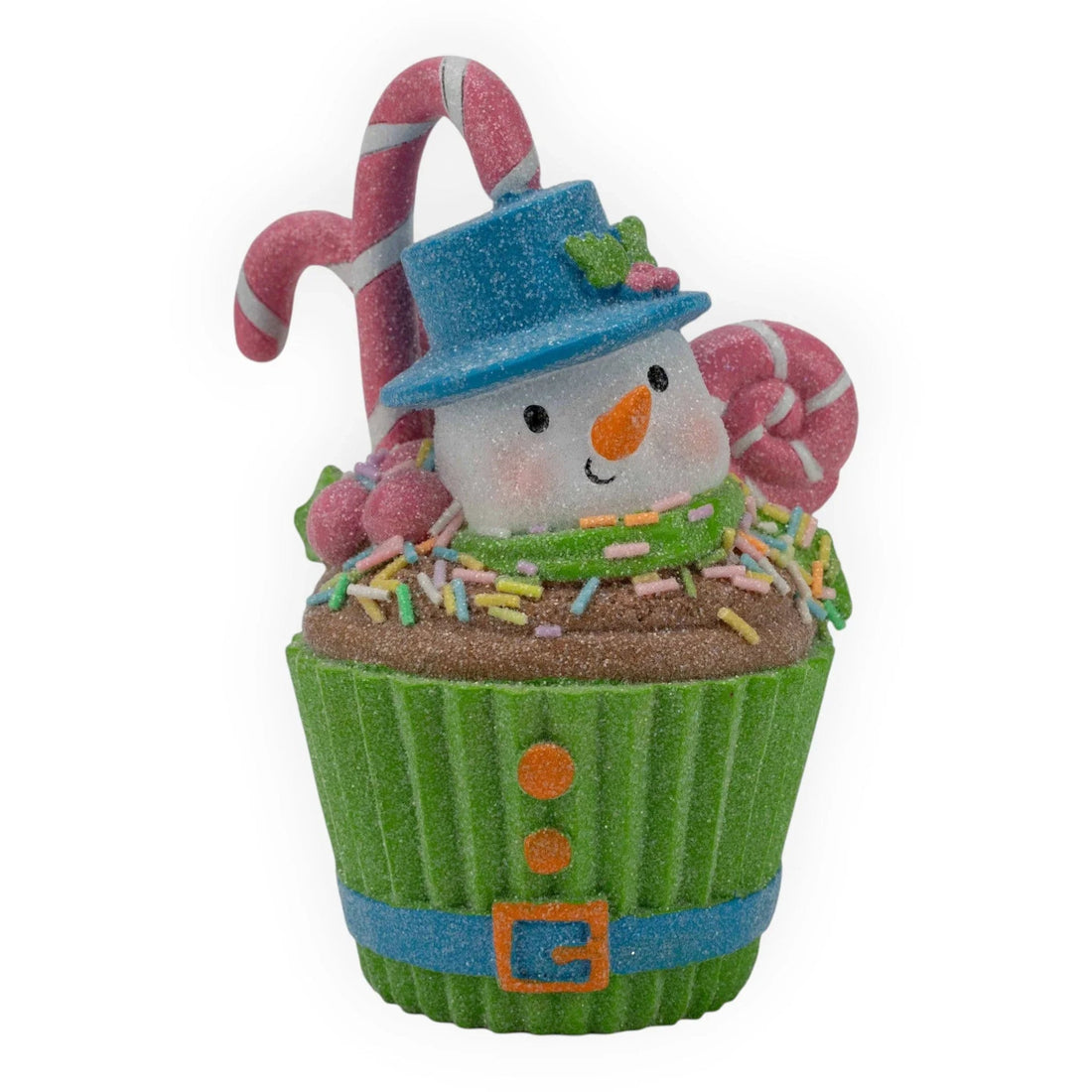 Festive snowman cupcake ornament with candy cane, sprinkles, and glittery details for holiday home décor