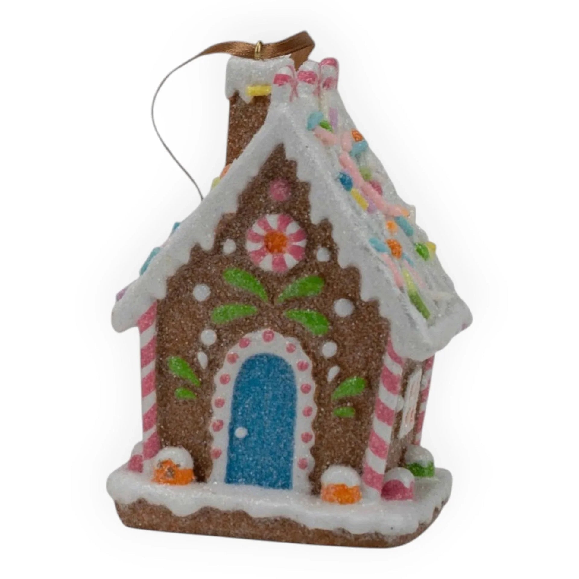 Gingerbread house ornament with candy decorations, blue door, and snow accents for Christmas décor