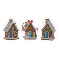 Set of 3 festive gingerbread house ornaments with candy canes, sprinkles, and snowy roofs for Christmas décor