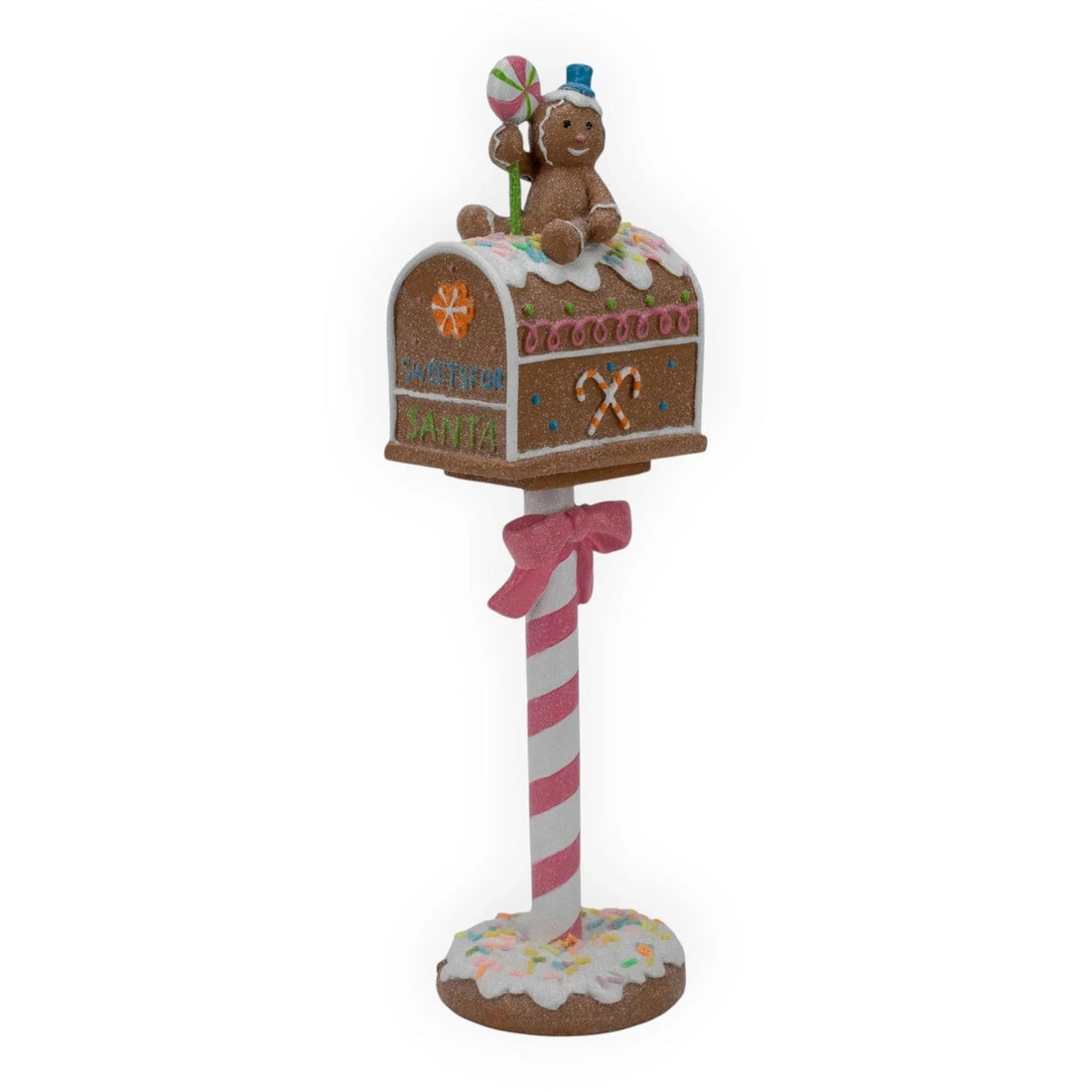 Gingerbread mailbox with Santa sweets sign, candy cane pole, and festive sprinkles for Christmas home decor
