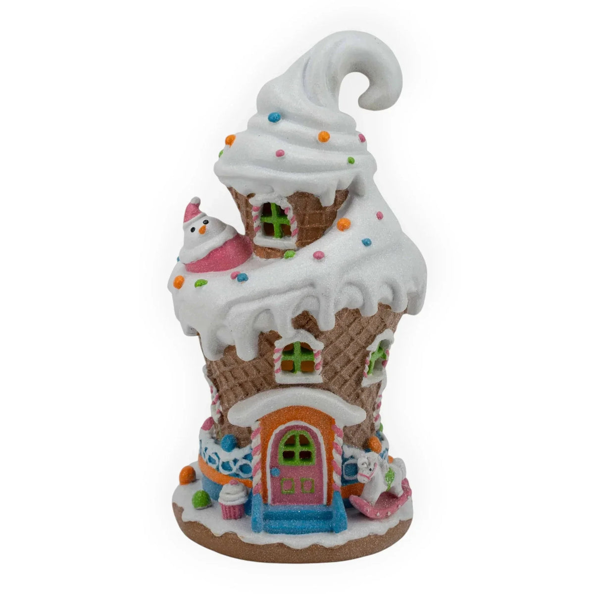 Whimsical ice cream cone house figurine with sprinkles, snowman, and rocking horse, perfect for festive home décor