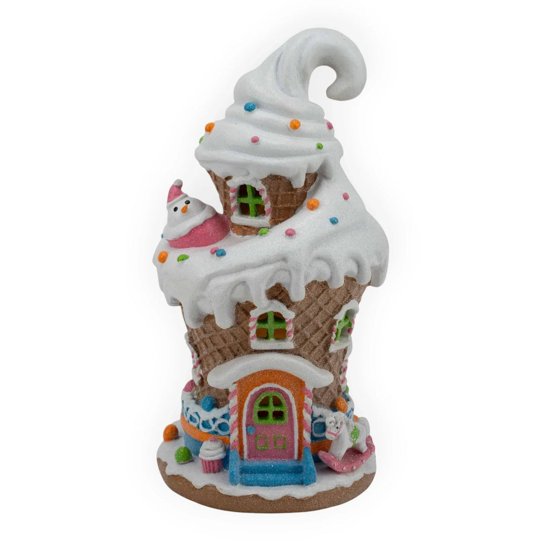 Whimsical ice cream cone house figurine with sprinkles, snowman, and rocking horse, perfect for festive home décor