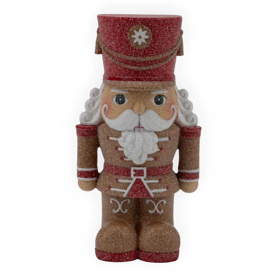 Glittery red and gold nutcracker figurine with white beard, perfect for Christmas home décor and holiday displays.