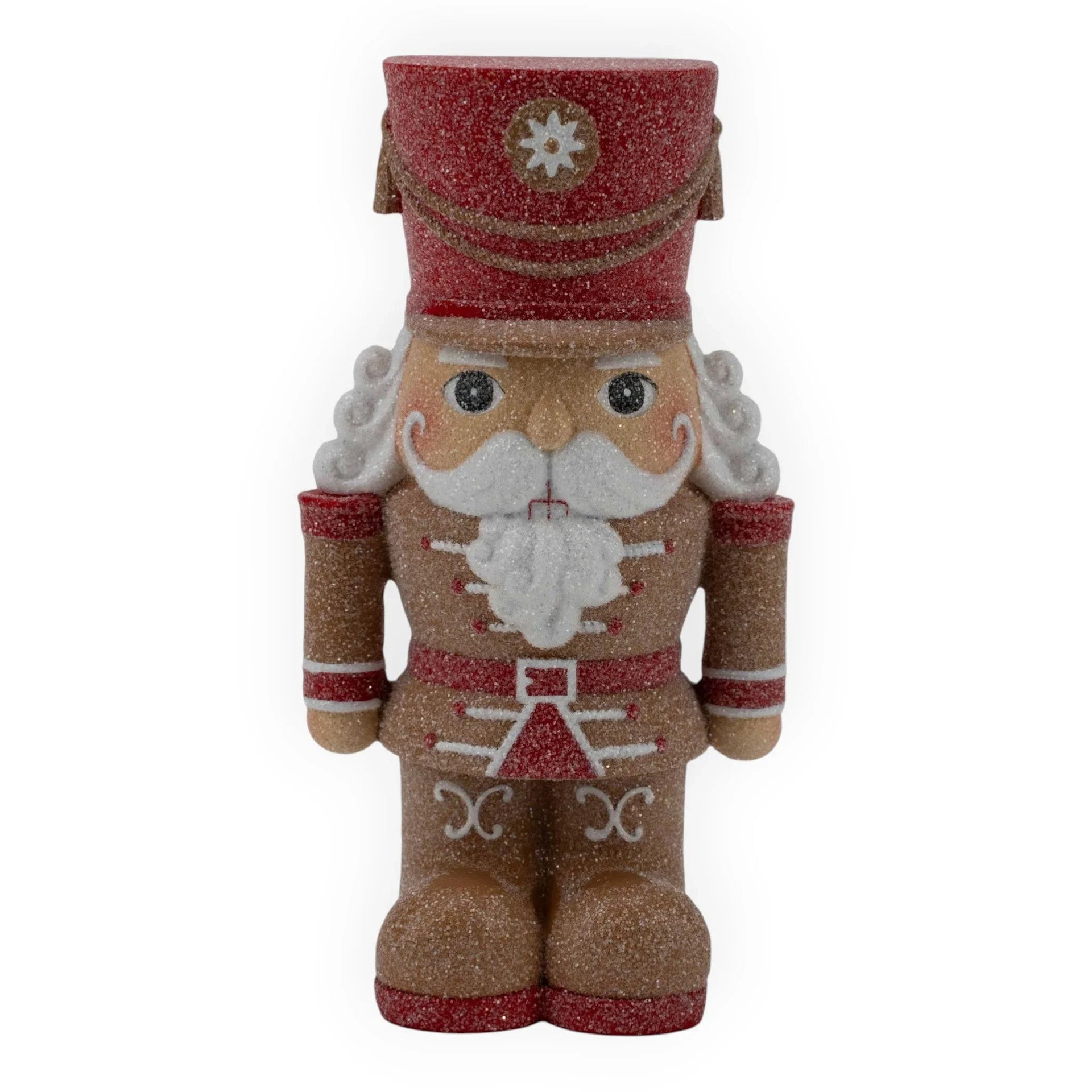 Glittery red and gold nutcracker figurine with white beard, perfect for Christmas home décor and holiday displays.
