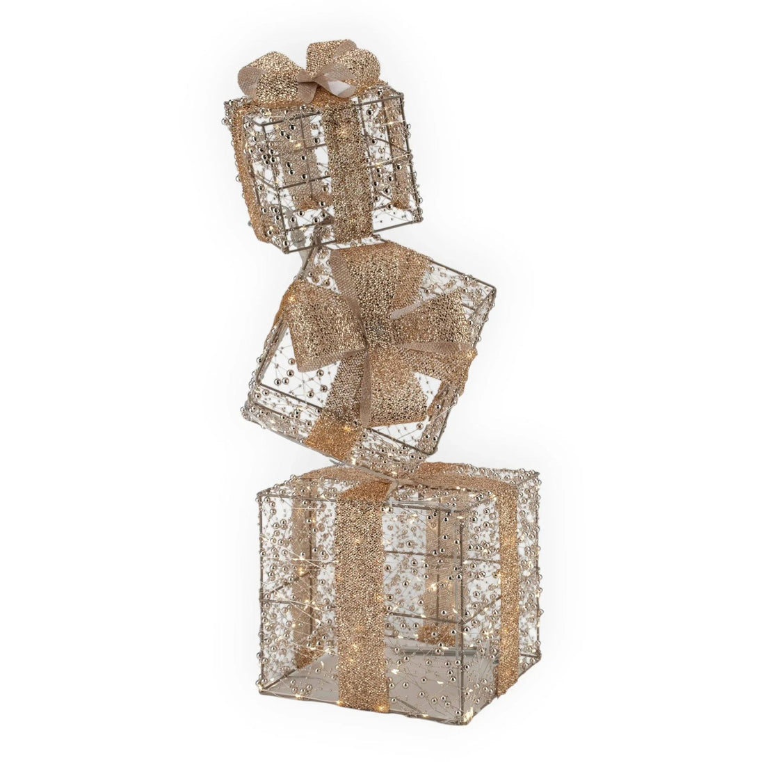 Glittering gold wire gift boxes with bows, festive home decor for holidays and celebrations