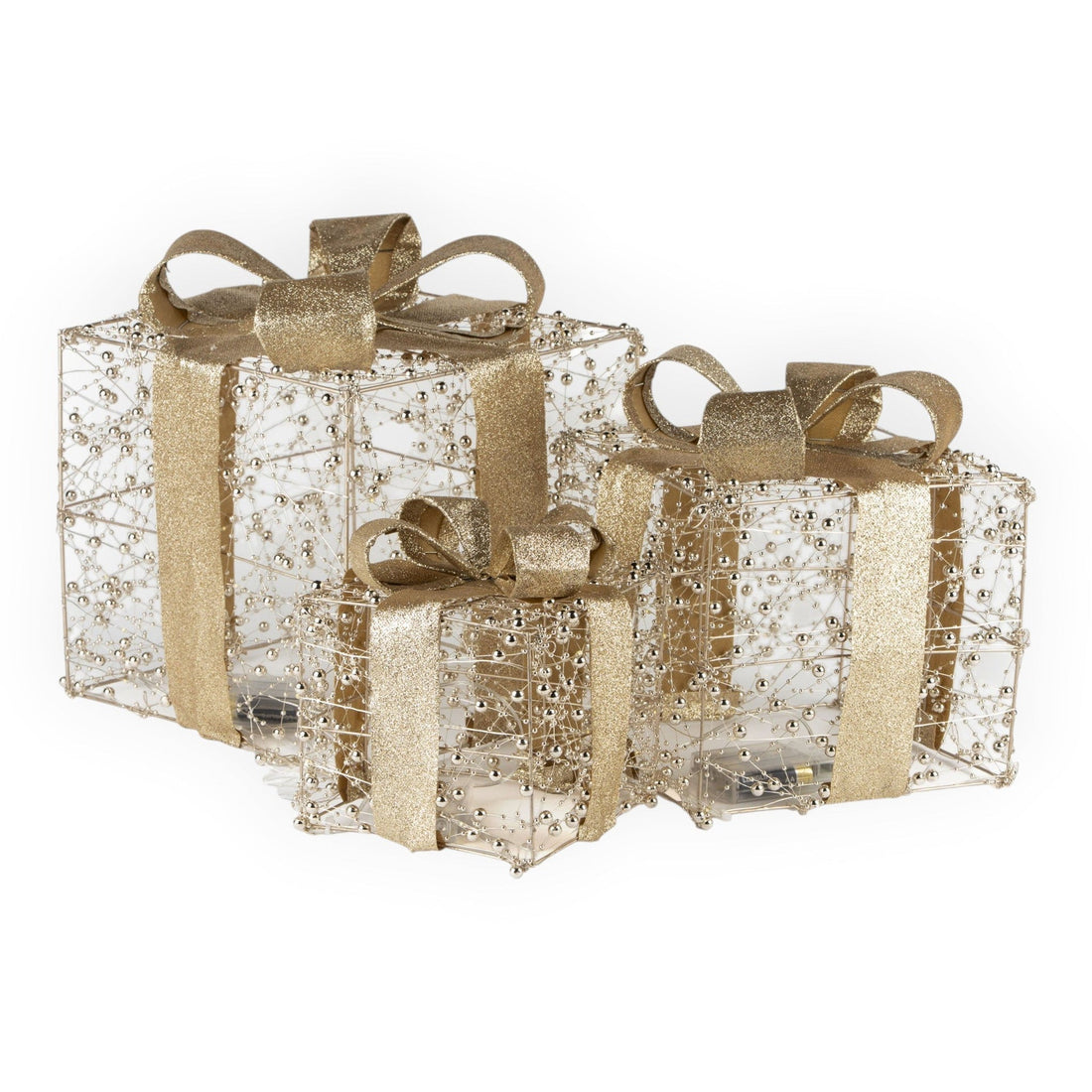 Square Illuminated Gold Beaded Gift Boxes Set of 3