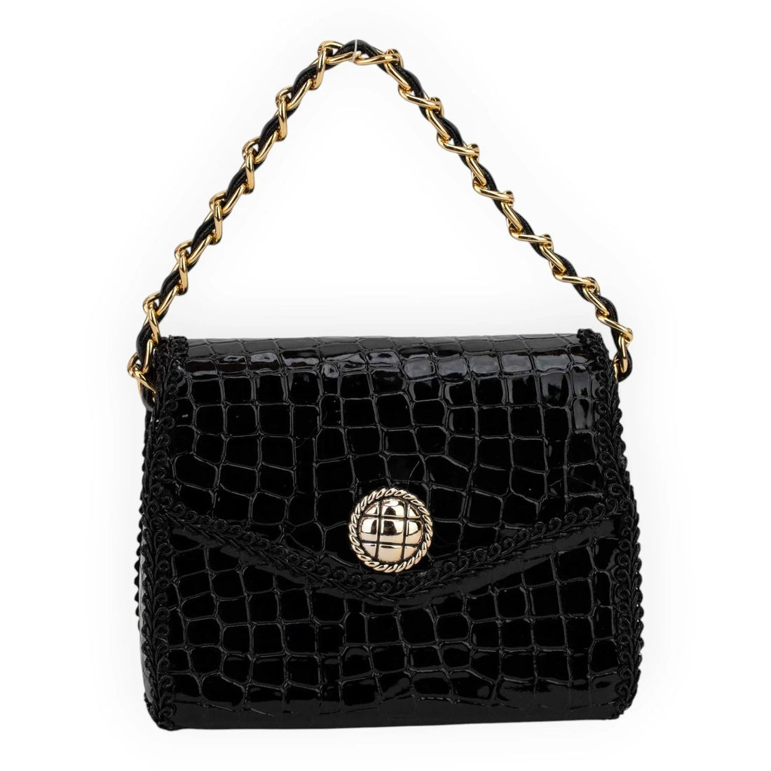 Black croc-embossed handbag with gold chain strap and decorative clasp, vintage-style designer accessory
