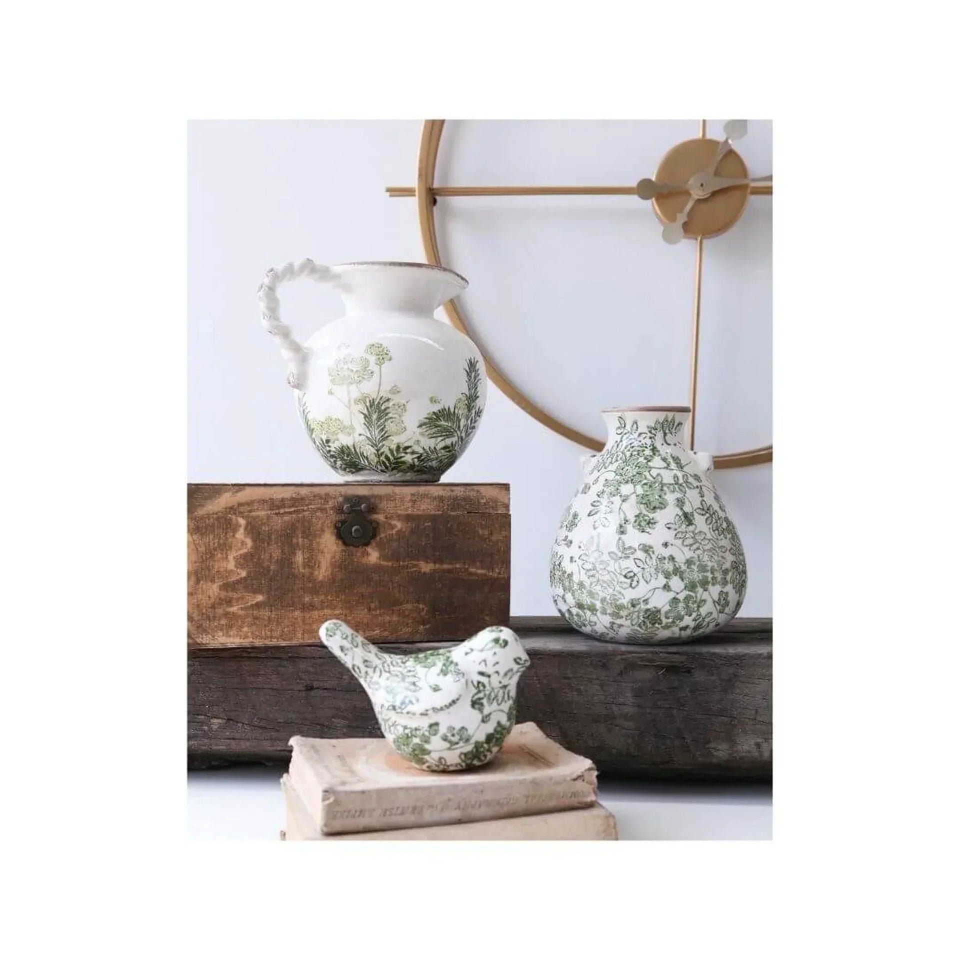 Green floral ceramic pitcher, vase & bird figurine for vintage home décor on rustic wood