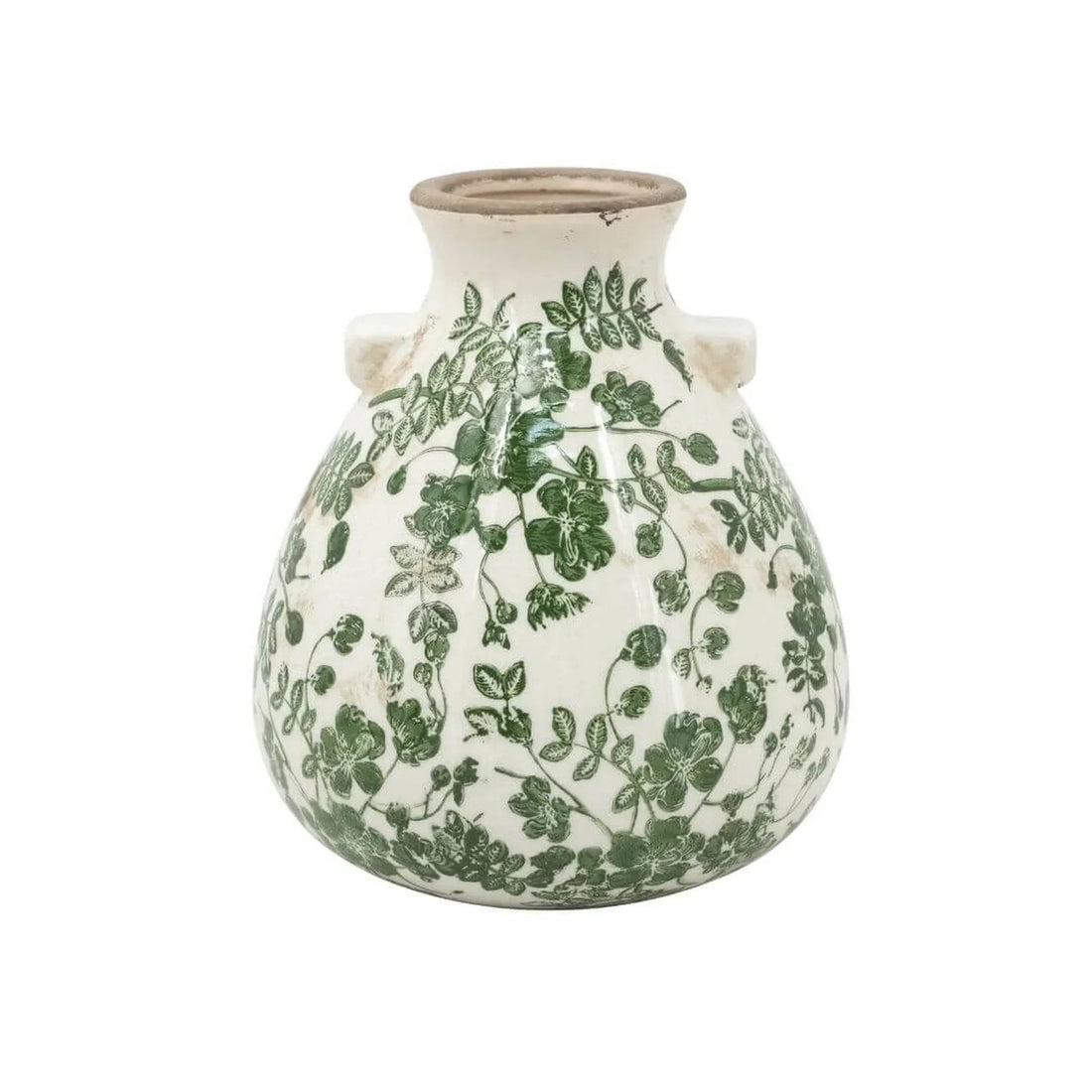 White ceramic vase with green floral vine pattern, vintage-style home decor accent piece