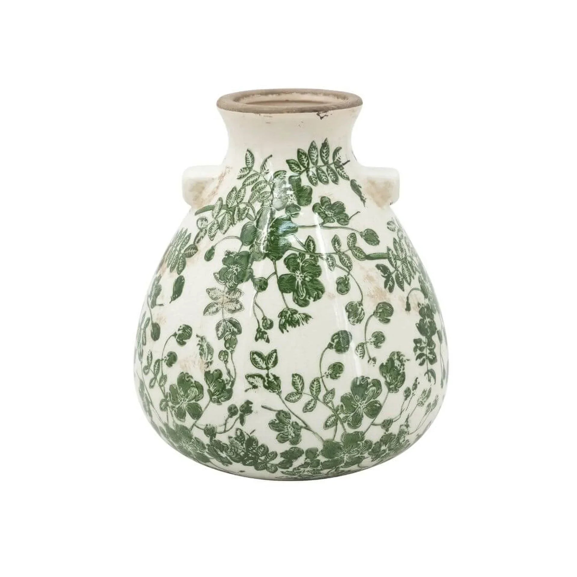 White ceramic vase with green floral vine pattern, vintage-style home decor accent piece