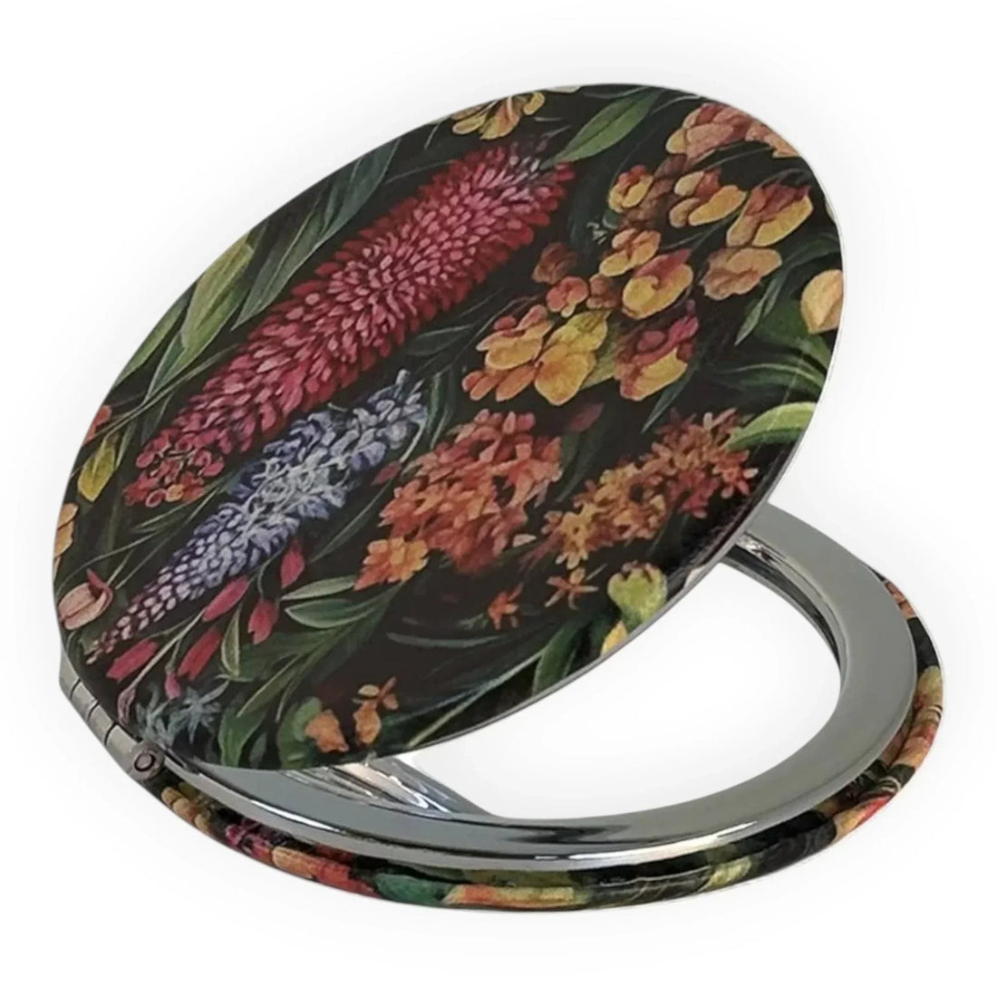 Floral compact mirror with vintage botanical print, perfect for home décor or personal accessories