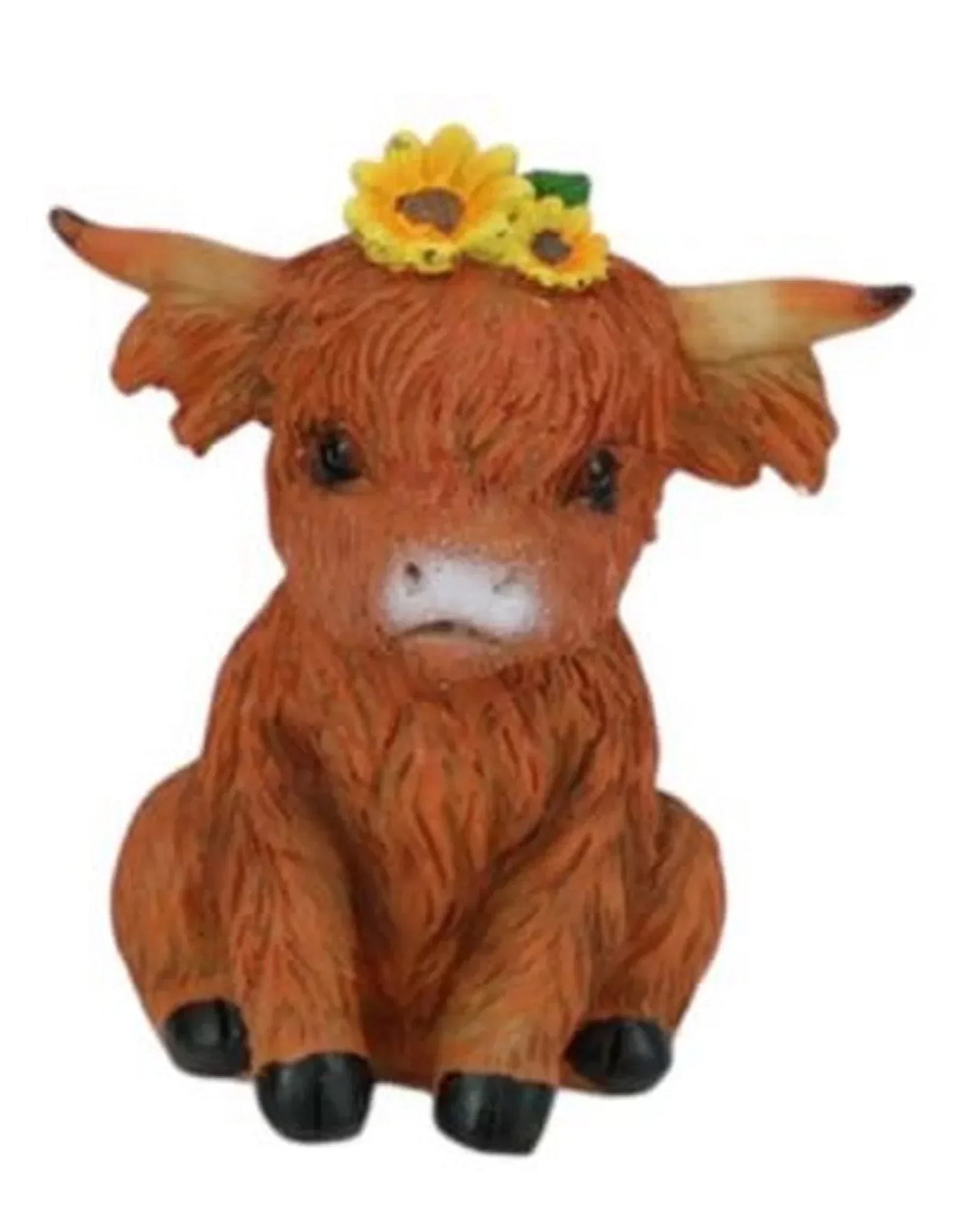 Cute Highland cow figurine with sunflower crown, rustic home décor accent piece