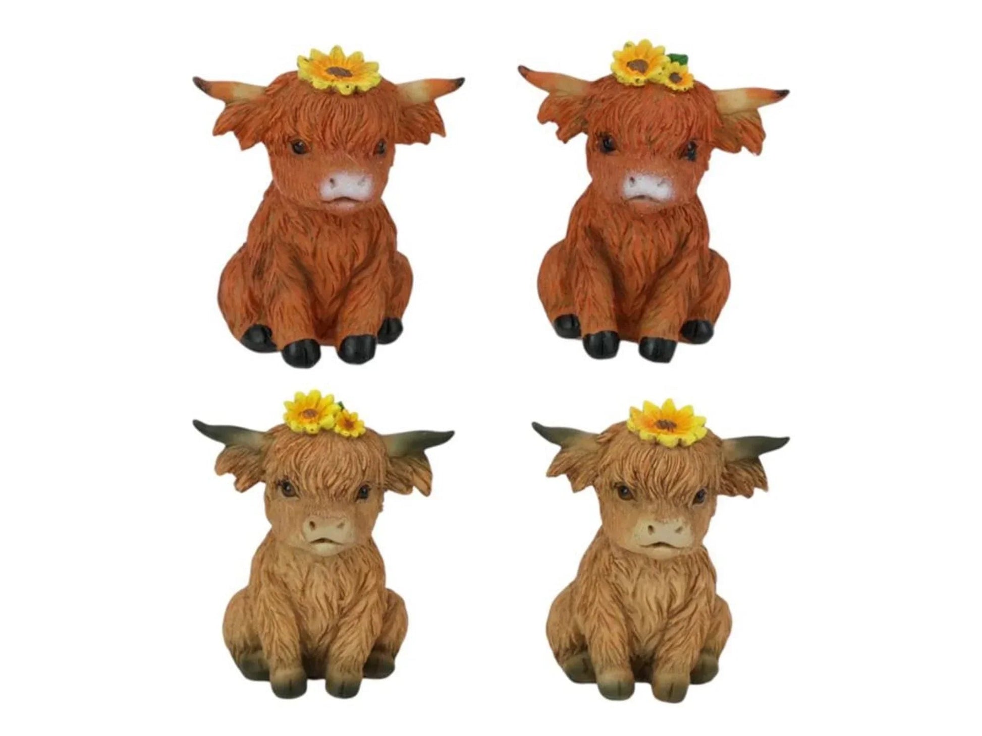 Cute Highland cow figurines with sunflower crowns, home décor accents for shelves or tables
