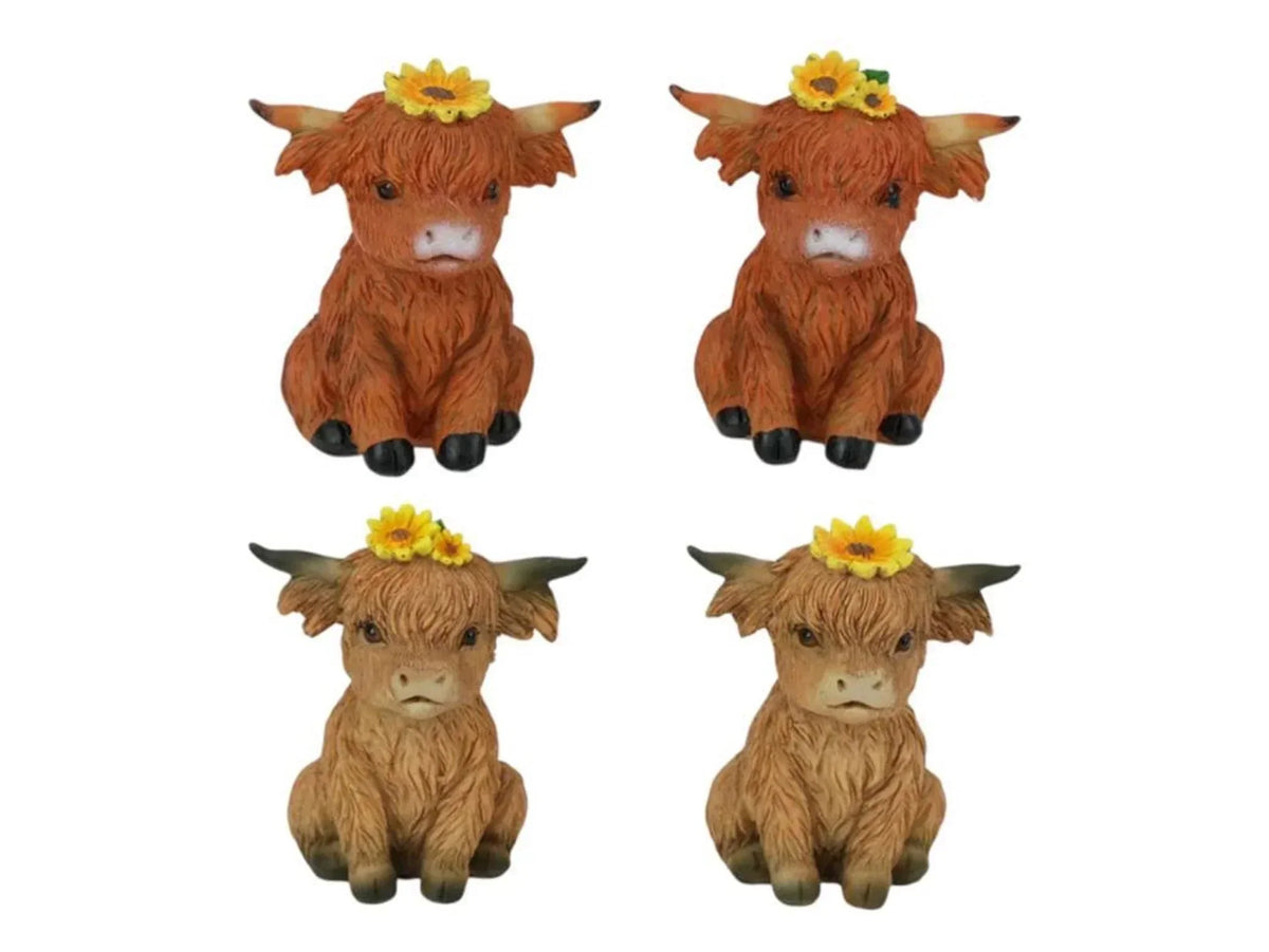Cute Highland cow figurines with sunflower crowns, home décor accents for shelves or tables